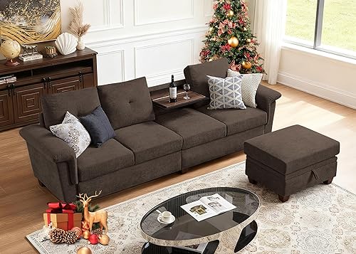 Miniatura 7 de Sofá modular de 108 pulgadas, sofá convertible en forma de L con otomana y gran almacenamiento, sofá modular de 4 asientos con soporte para tazas,