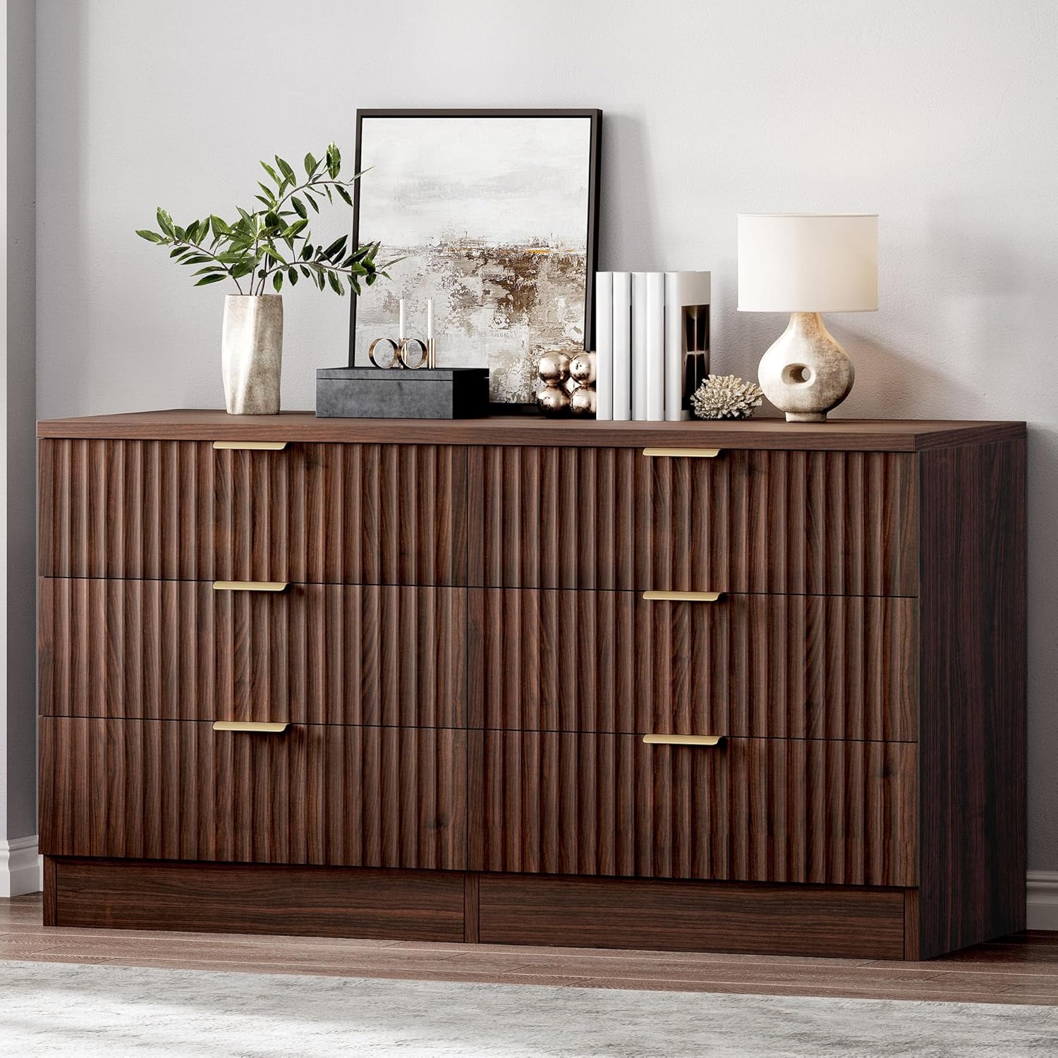 DWVO Fluted 6 Drawer Dressers, 47.5" Wide Modern Chest of Drawers, Wooden Dresser with Metal Handle, Versatile TV Stand Cabinet Table for Bedroom, Closet, Living Room, Hallway, Walnut Walnut-2