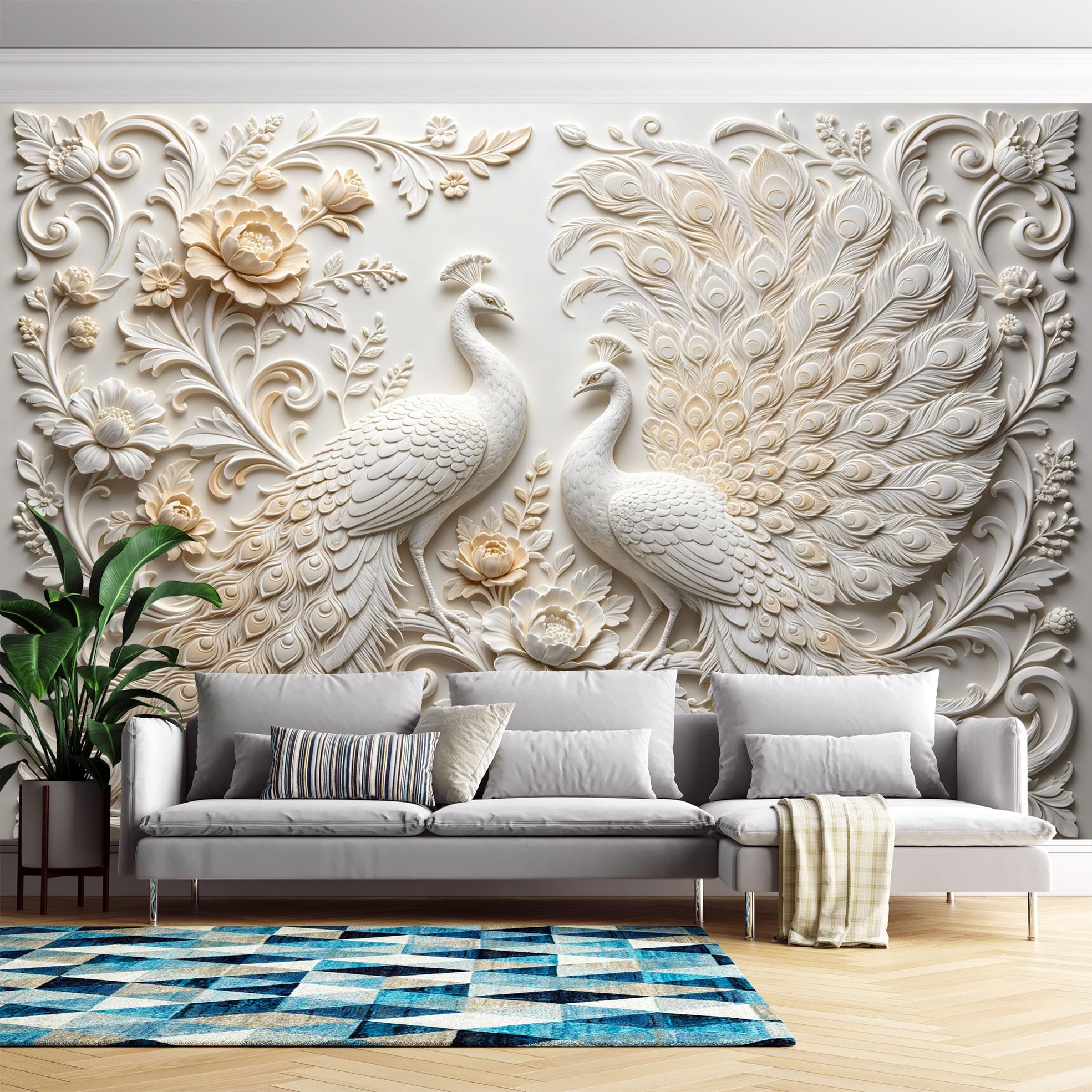 Papier Peint Autocollant Blanc En Relief Motif Paon 3D Intissé 320x600 cm