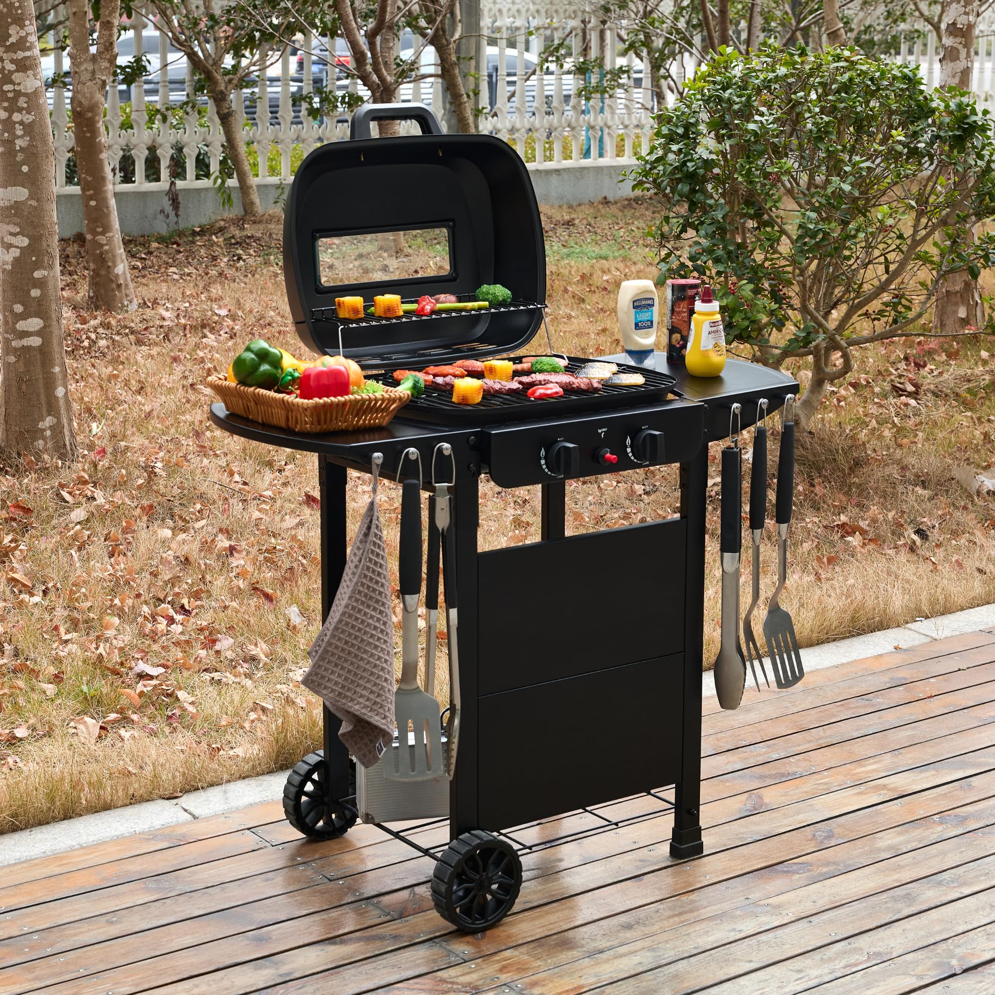 2 Burner Gas Grill BBQ including Cover, Lid and Lava Rock, Foldable Side Tables, Generous 47 x 37cm Cooking Area, Perfect for Outdoor Cooking - 1