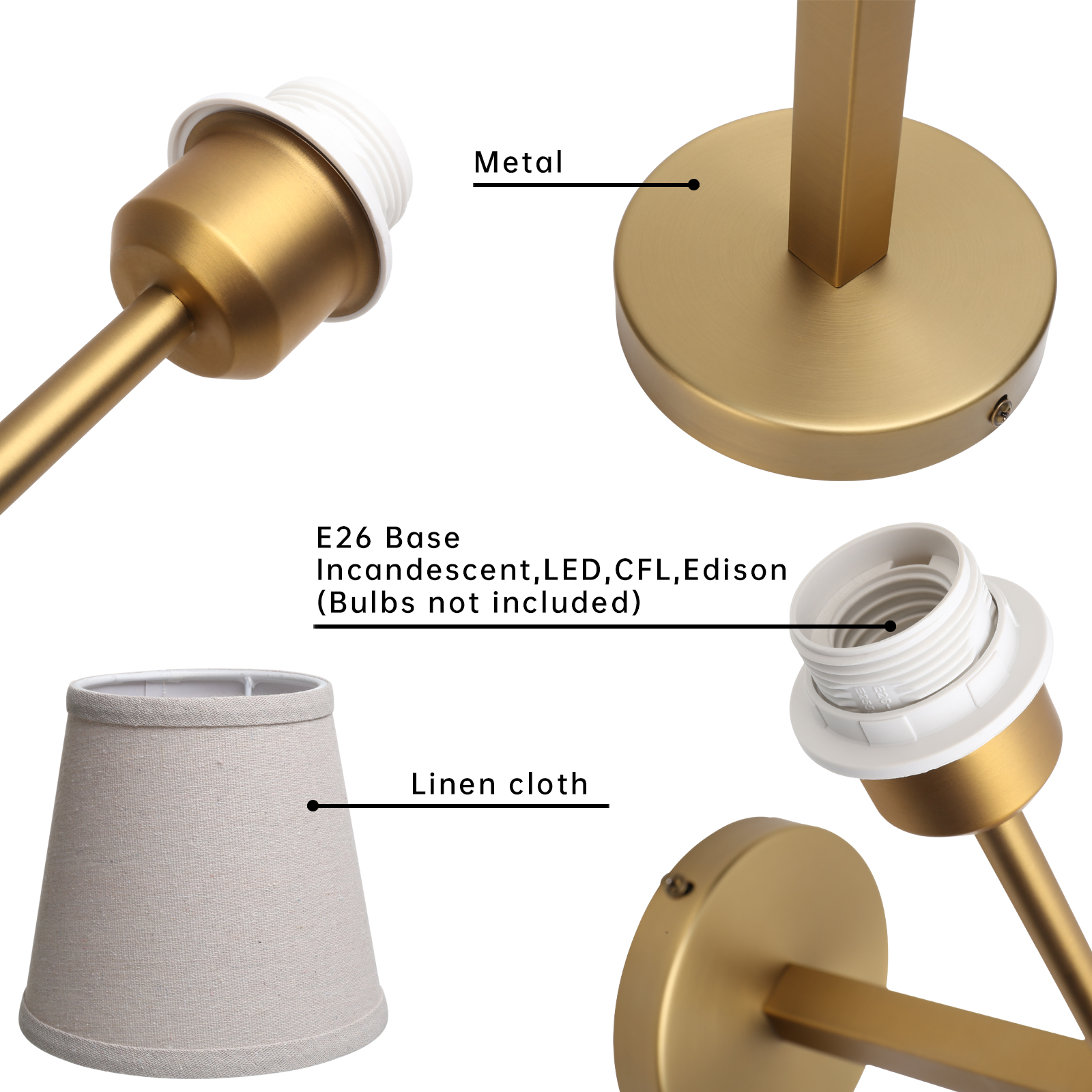 Image of Vintage Wall Sconce with Linen Fabric Shade, E26 Bathroom Vanity Light, Hardwired Indoor 1-Light Wall Mounted Lamp for Hallway Bedside Nightstand Light