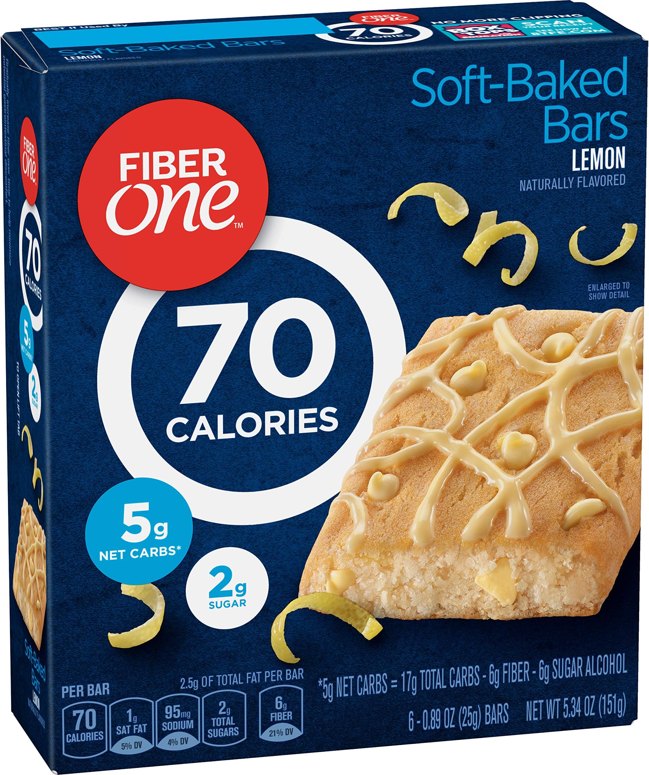 Fiber One 70 Calorie Soft-Baked Bars, Lemon, Snack Bars, 6 ct