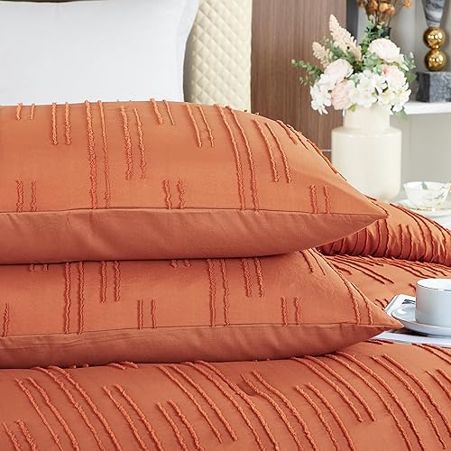 Miniatura 5 de Juego de edredón de tamaño King de color naranja quemado salvia, para cama King, estilo rústico, bohemio, esponjoso, ligero, con flores, plantas,