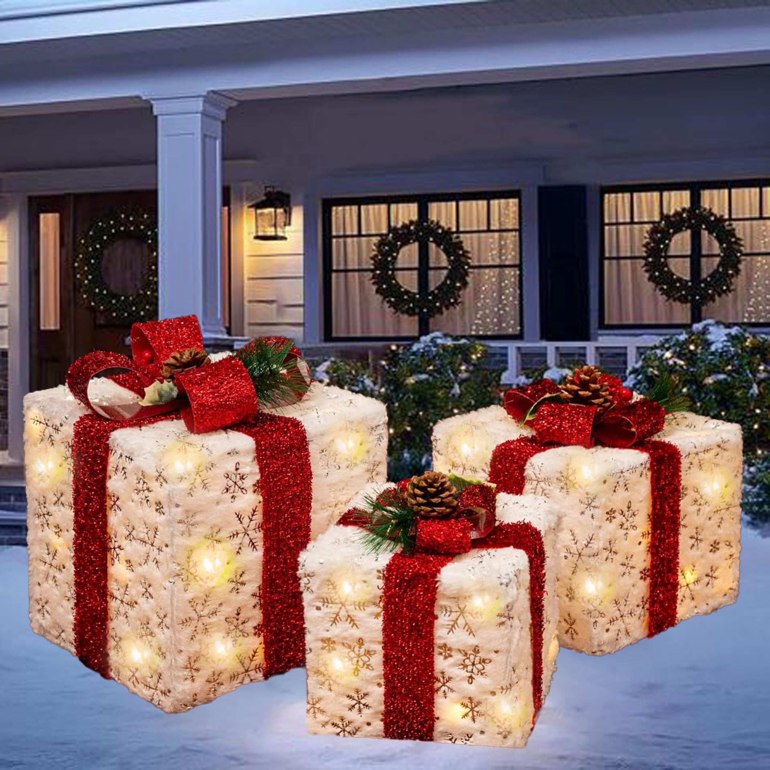 3PK Christmas Lighted Gift Boxes, Outdoor Present or Gift Decoration with 48L, Under The Xmas Tree Packages for Indoor Holiday Party and Home Ornament Decoration