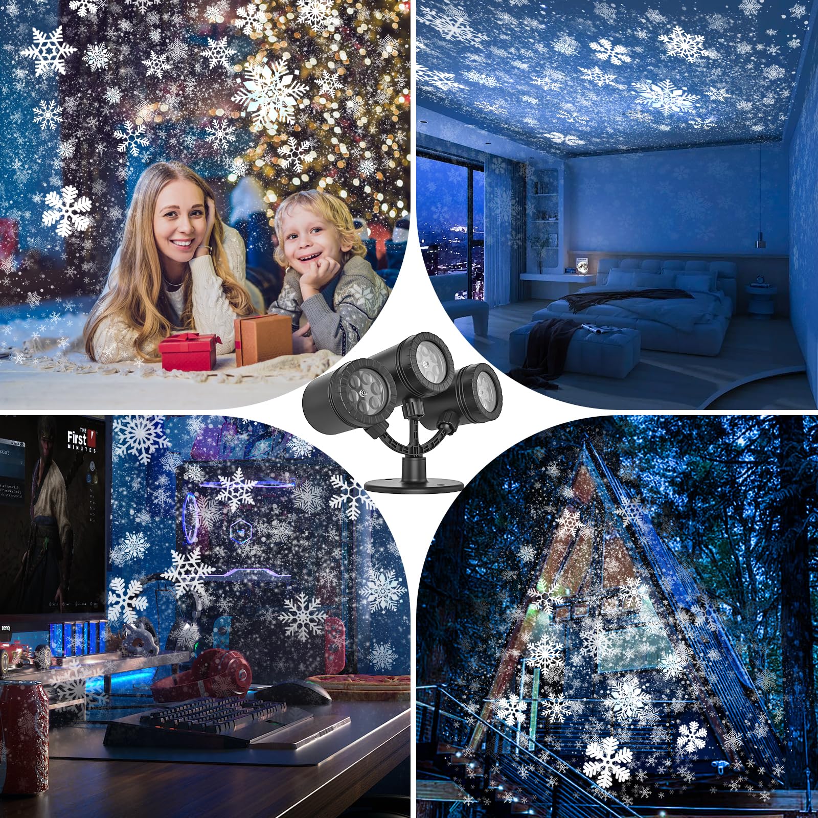 Luces navideñas con proyector de copos de nieve para exteriores 2025 Proyector de copos de nieve triple mejorado con proyector LED dinámico de nevada para la decoración navideña [clase energética A]