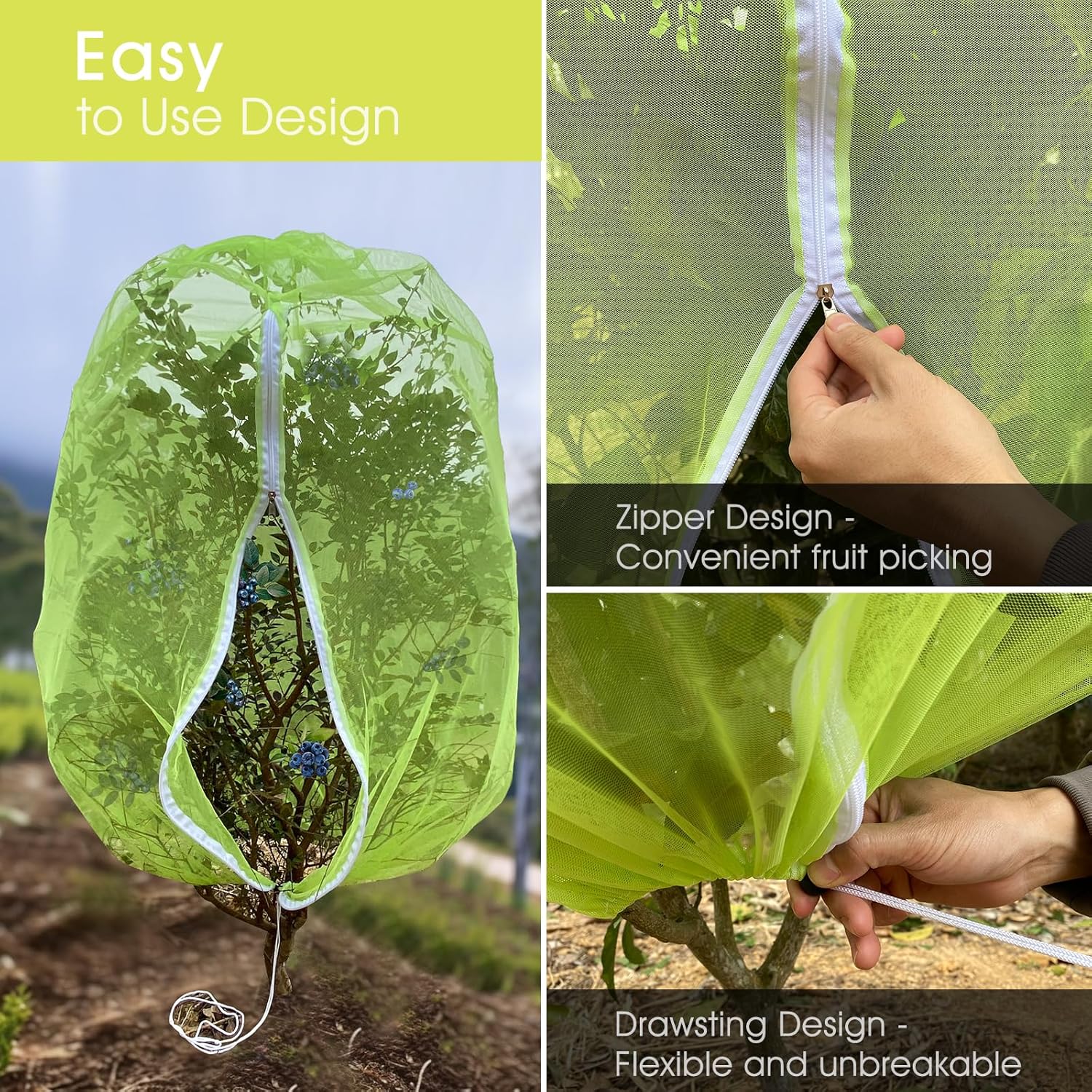 Fruit Tree Netting, RIFNY 5.84 X 3.9 FT and 3.9 X 3.3 FT Blueberry Bush Netting Cover with Zipper Drawstring, Mosquito Net Garden Netting Protector Plant from Birds Cicadas Insect (4 PCS, Green)
