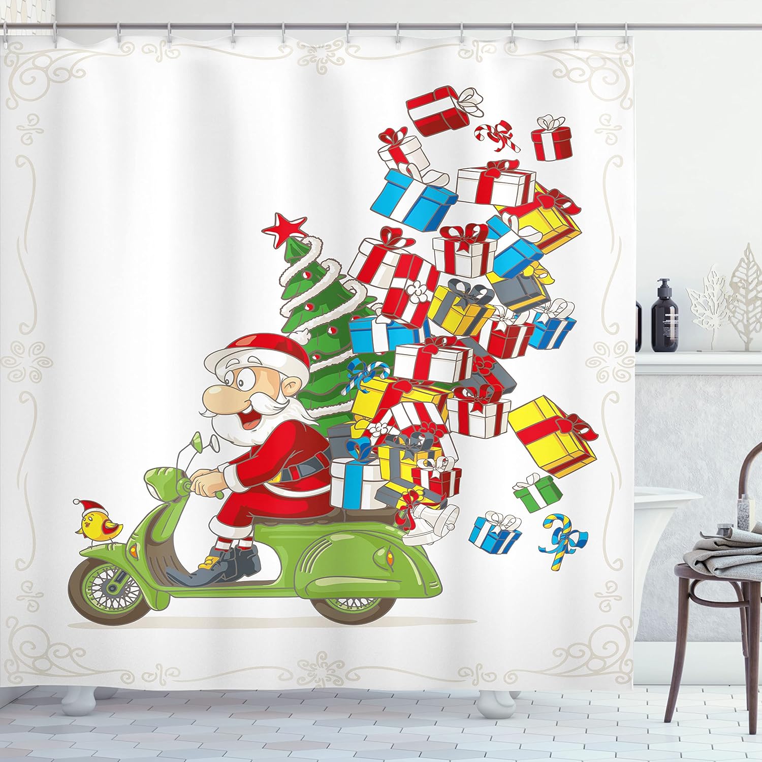 Ambesonne Christmas Shower Curtain, Santa on Motorbike Scooter with Tree and Gifts Funny Cartoon Style Bird, Cloth Fabric Bathroom Decor Set with Hooks, 69" W x 70" L, White Green and Red