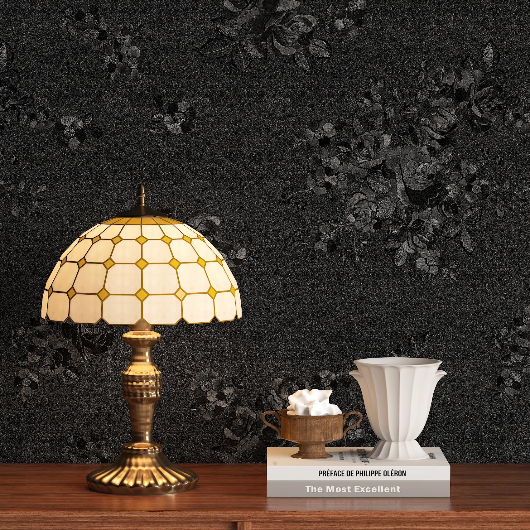 Papier peint floral noir adhésif pour masquer les imperfections