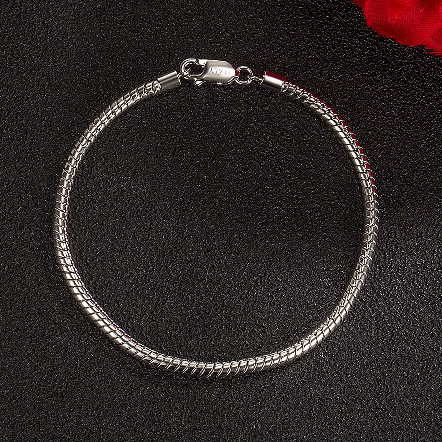 H&Beautimer Genuine 925 Sterling Silver Bracelet Solid 3-4MM Round Snake Chain Bracelet for Men - Glamour Party Jewelry - Sterling Silver Link Bracelet 6.3-6.7-7-7.5-8-8.5-9-9.5''