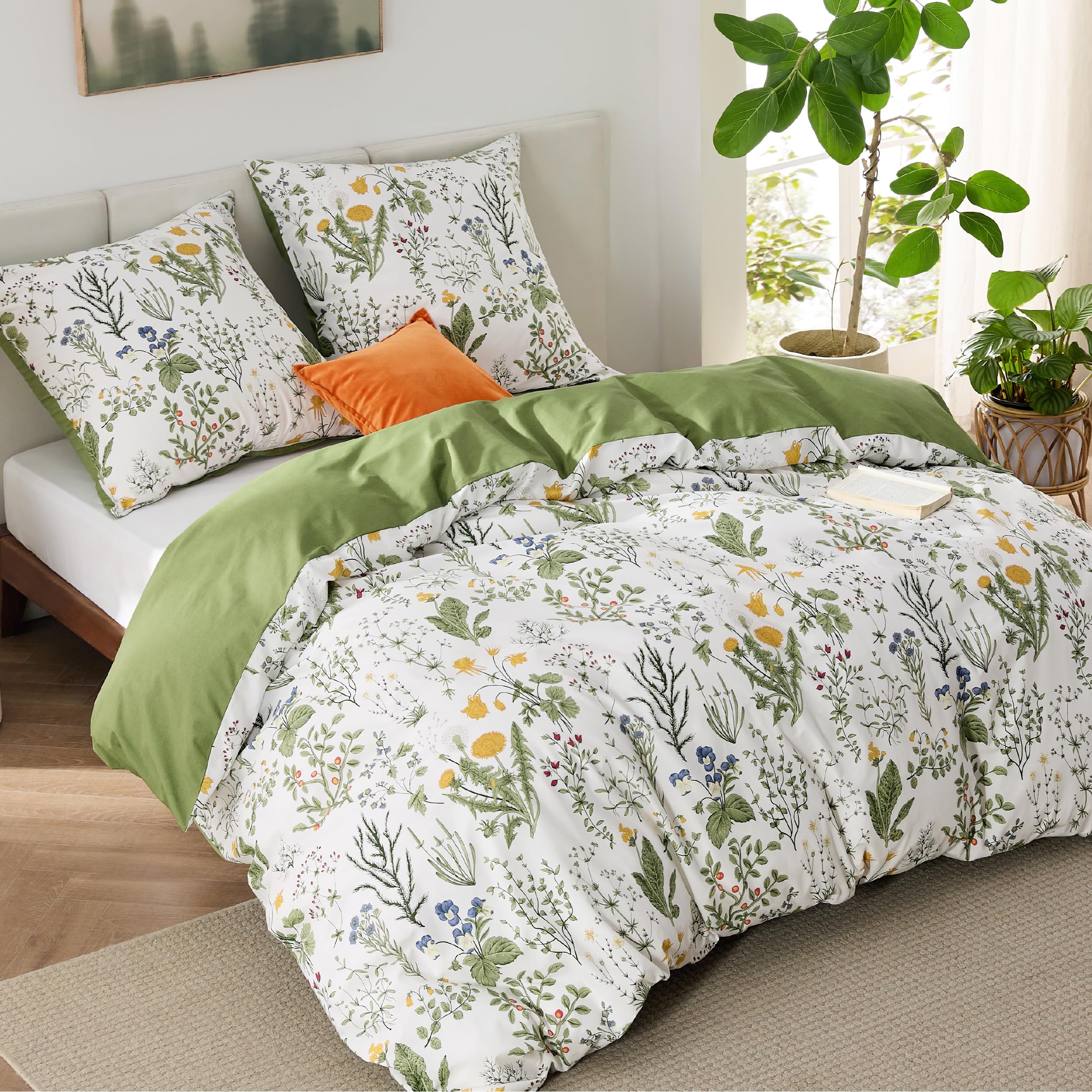 BEDSURE Juego de ropa de cama reversible de algodón, 155 x 220 cm, funda nórdica de 3 piezas con 2 fundas de almohada de 80 x 80 cm, color verde salvia, diseño de flores, con cremallera