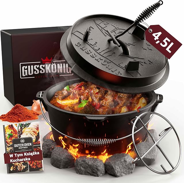 GUSSKÖNIG Dutch Oven Set [4.5L] - Garnek do gotowania na ogniu z praktycznym podnośnikiem pokrywki i podstawką ze stali nierdzewnej