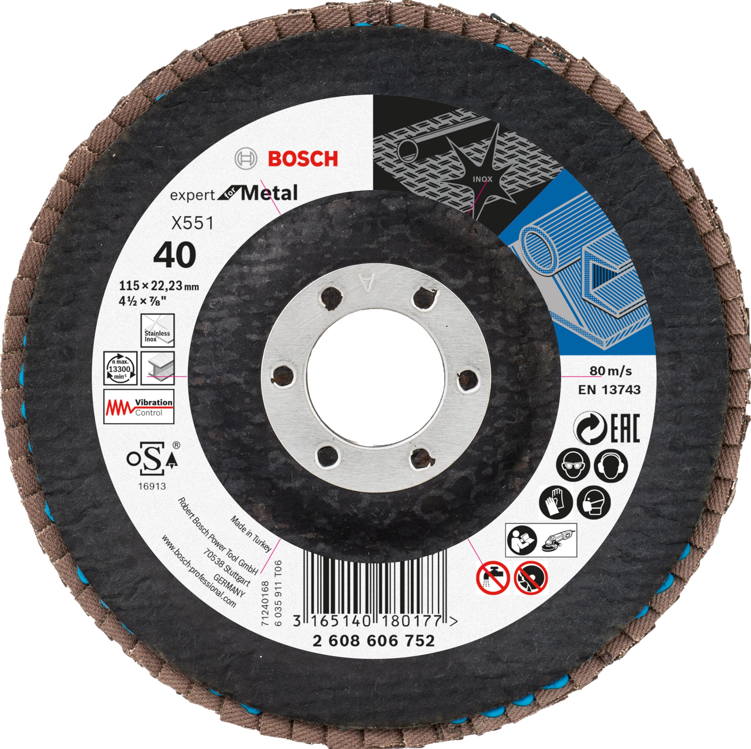 Bosch 40 discos abrasivos X551 Expert for Metal + Beanie Set (para metal, acero, hierro fundido, diámetro de 115 mm, grano 40/60/80, M14, accesorios profesionales para amoladora angular)