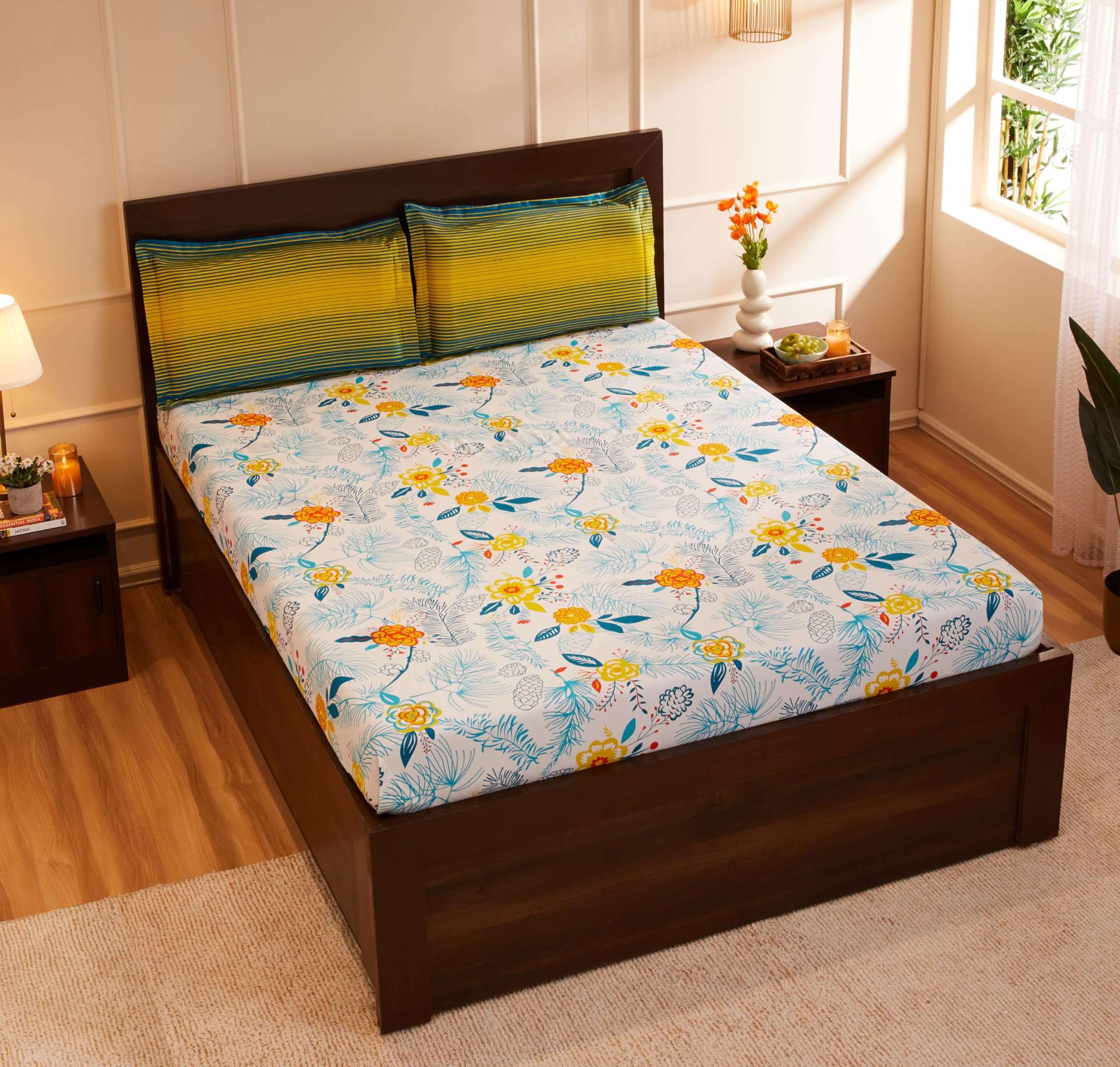 Amazon Brand - Solimo Unfold Comfort 144 TC 100% Cotton Double Bedsheet with Two Pillow Covers, Soft and Smooth (Floral, Sea Green and Yellow)