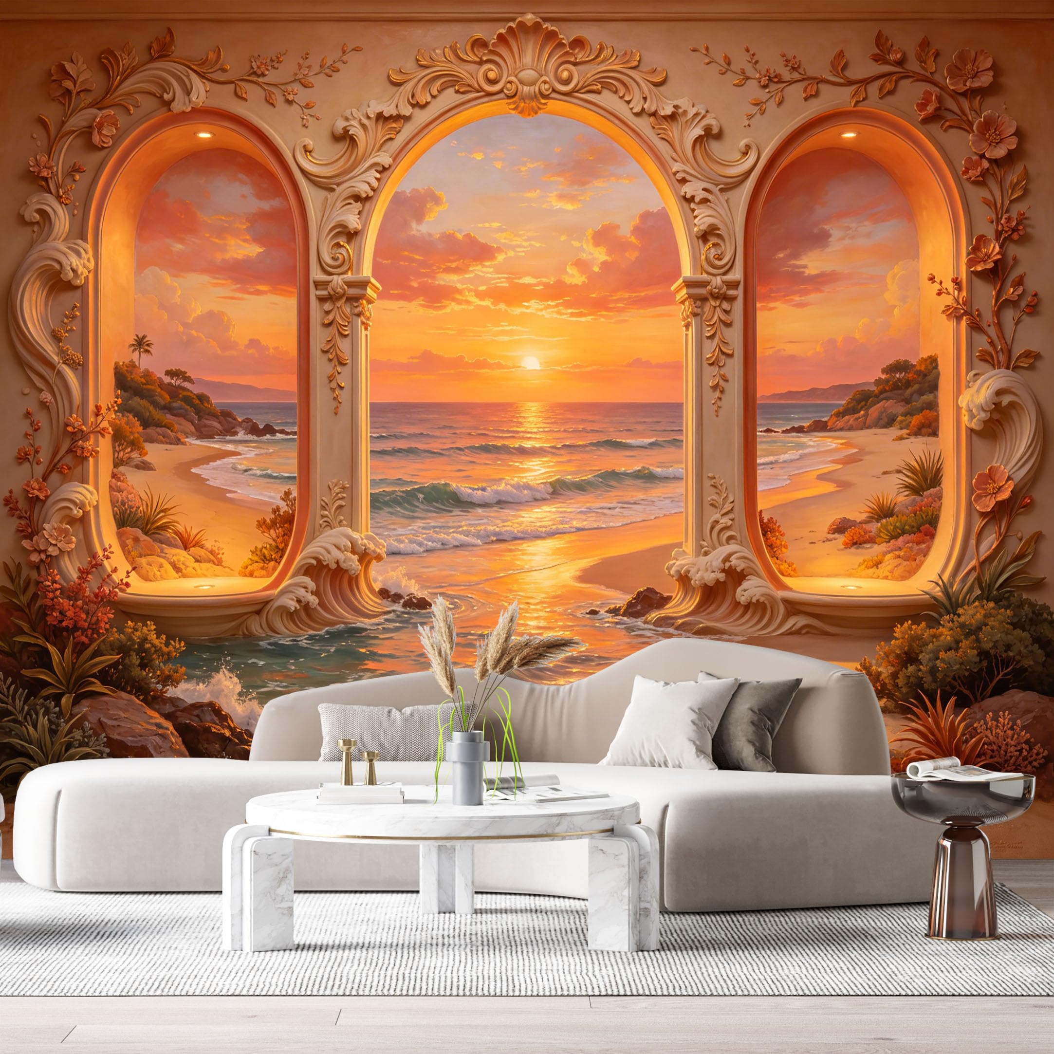 Custom Size Wall Murals Coastal Ocean Sunset Archway 3D Trompe L'Oeil SelfAdhesiveWall Fabric Removable Wallpaper Wall Decor for Living Room Bedroom Bathroom