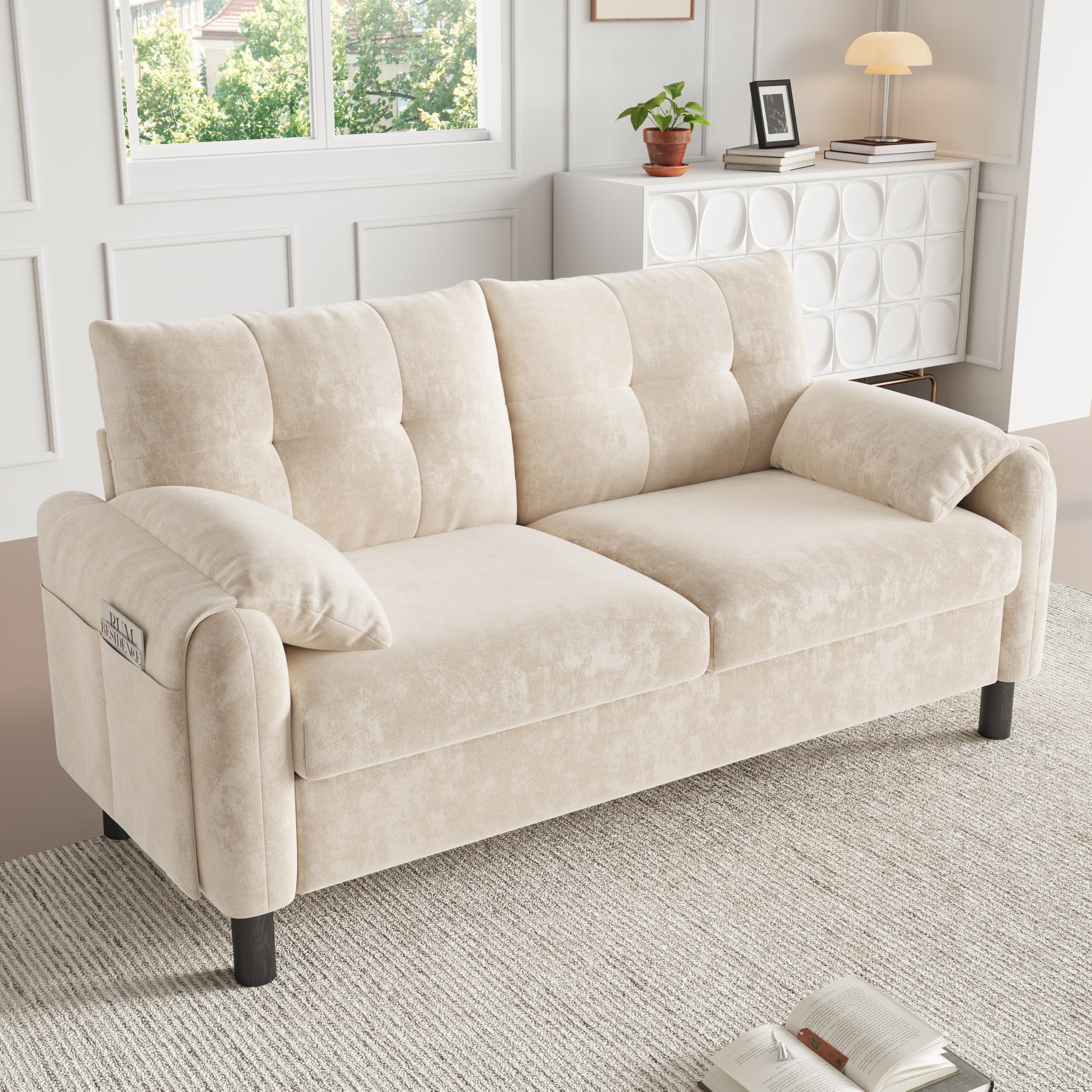 Sofá moderno de 2 plazas tapizado de tela de chenilla con cojines gruesos, sofá para salón, dormitorio, apartamento pequeño, tapizado en color beige
