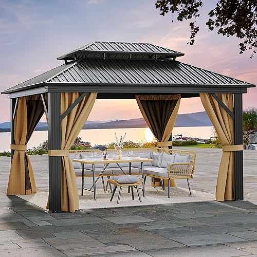 DWVO Gazebo de techo rígido de 12 x 14 pies, techo doble con redes y cortinas, techo de rayas verticales de acero galvanizado resistente para patio,