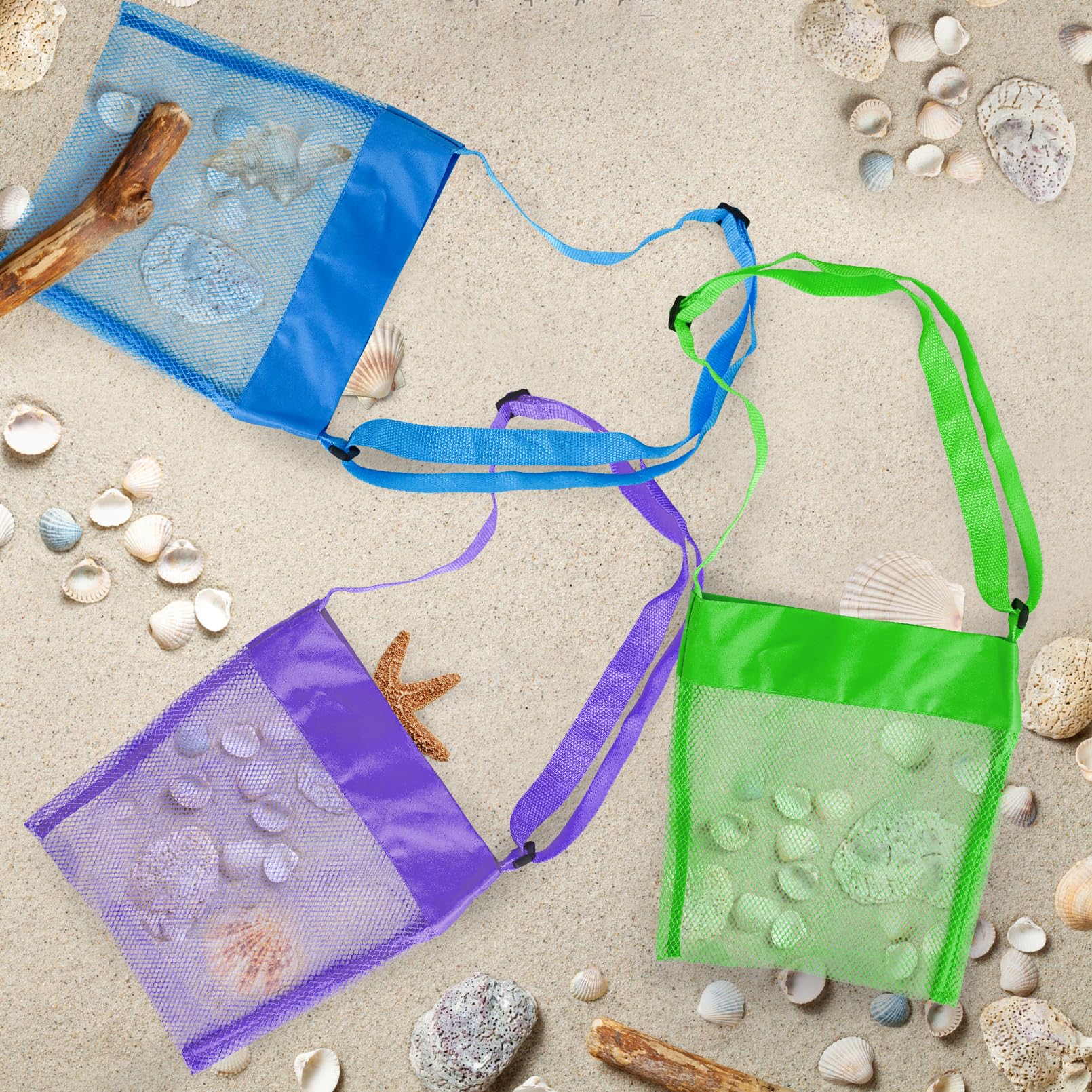 Luwint 3PCS Beach Shell Collecting Bags for Kids - Durable Mesh Shell Bags for Picking Up Seashells, Lightweight Shell Bags for Beach Trips and Treasures