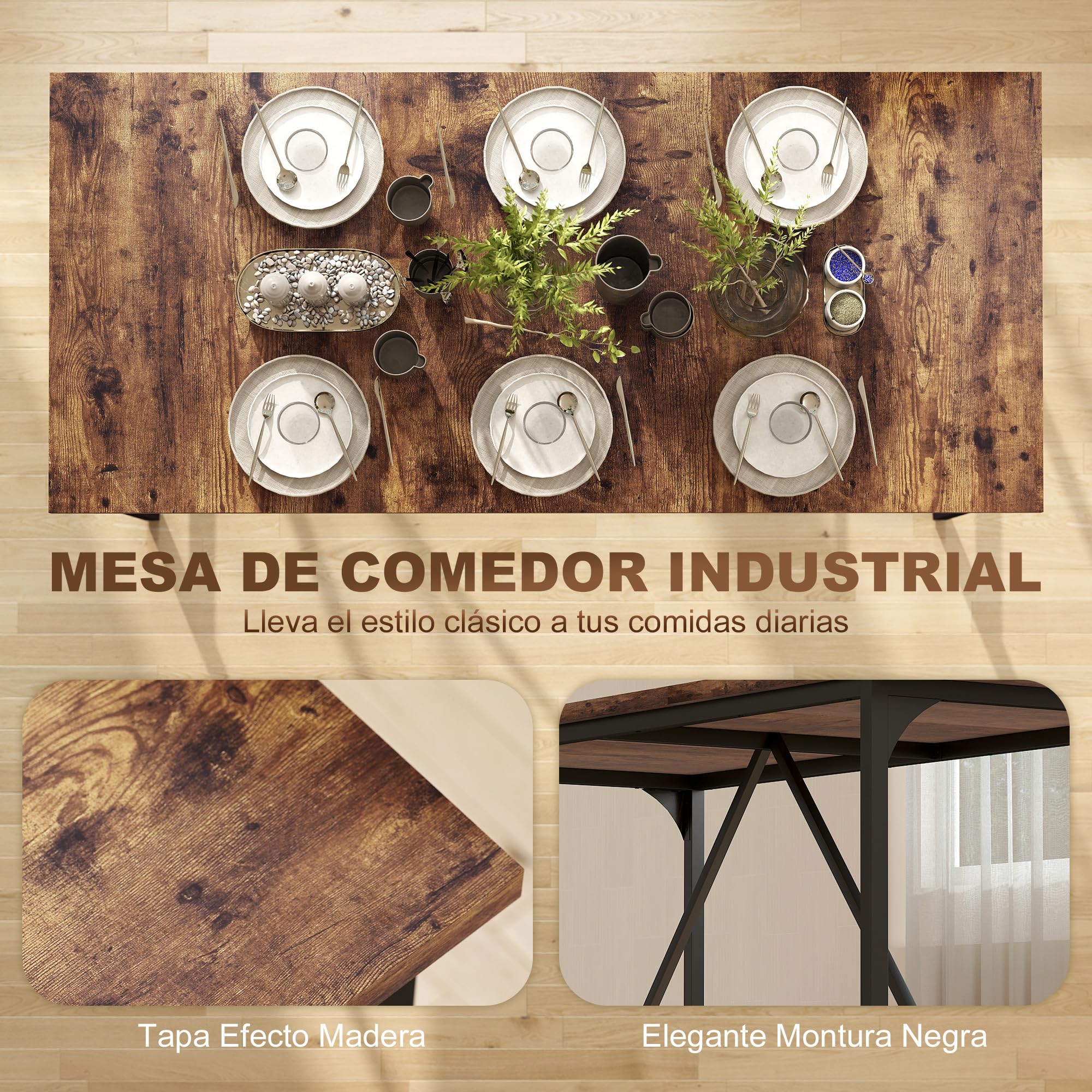 HOMCOM Mesa de Comedor Rectangular 180x80x75,5 cm Marrón Rústico | Para 6-8 Personas, Mesa de Cocina Industrial, Tablero Grueso, Patas de Metal