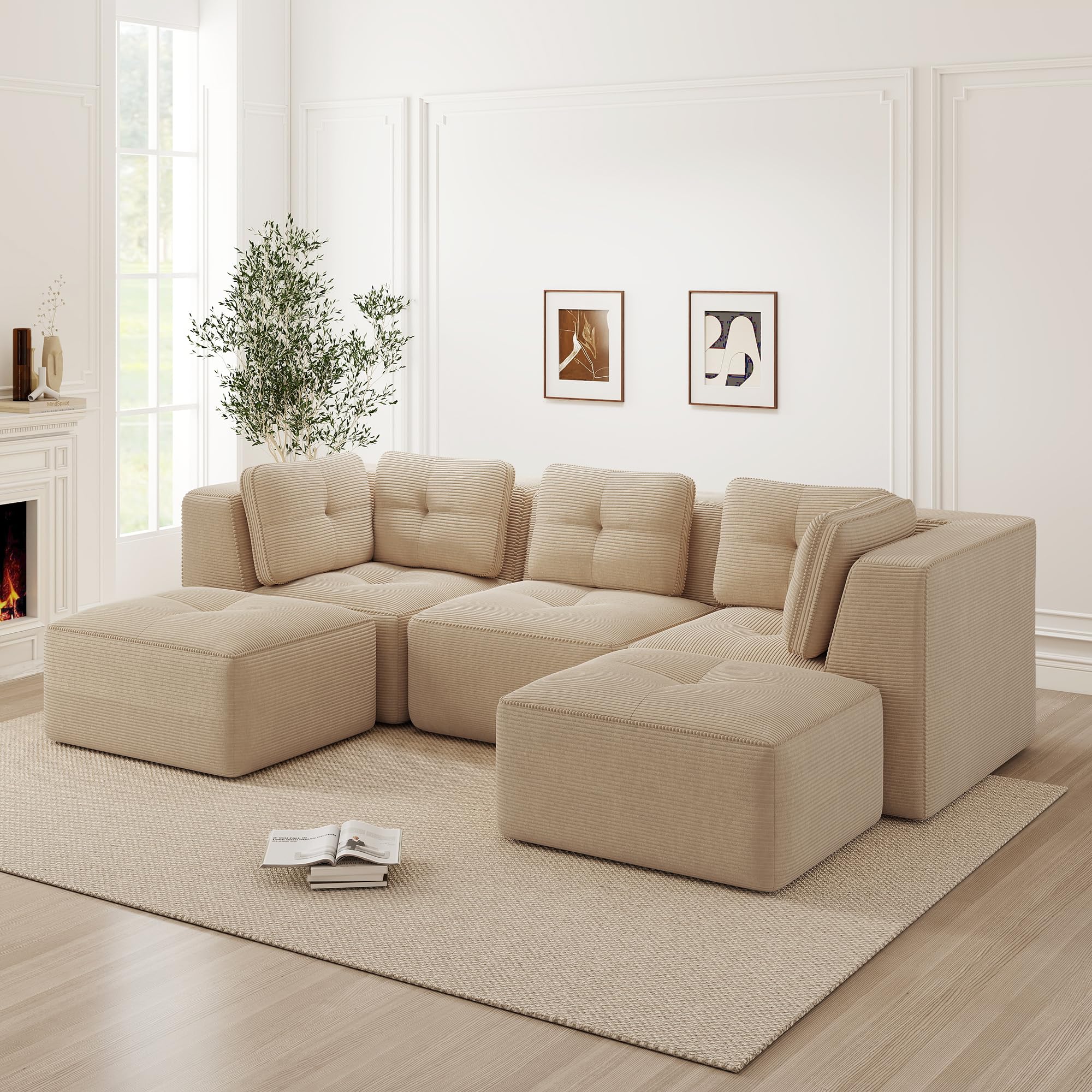 Bladez Sofá modular en forma de U, sofá de 3 plazas moderno de cordón con reposapiés, sofá de asiento profundo sin costuras sin montaje, sofá comprimido, para sala de estar (Beige, 3 plazas+2)
