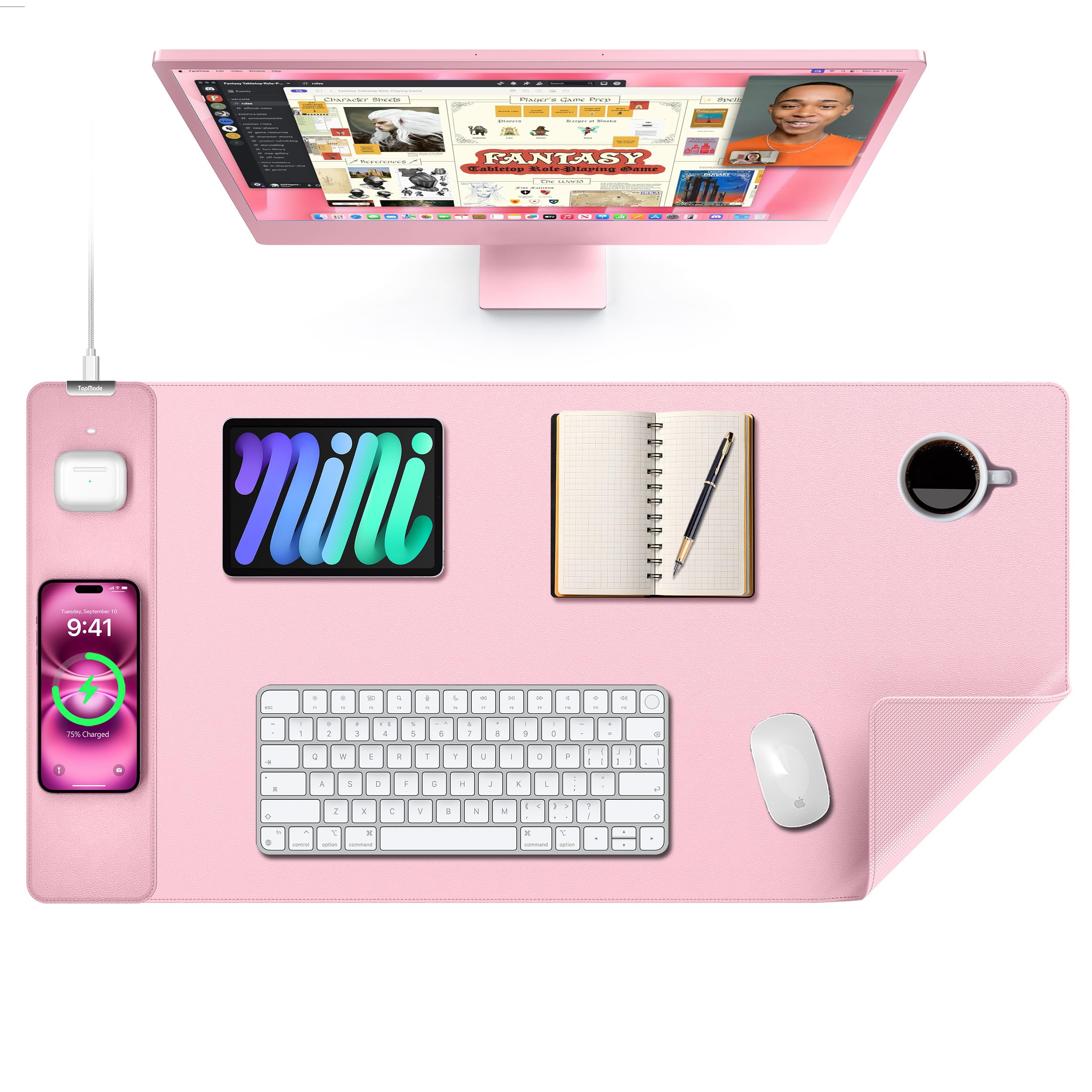 TopMade Alfombrilla de mouse con carga inalámbrica de 15 W, alfombrilla de escritorio de cuero grande XXL, impermeable, para juegos, hogar, oficina, escritorio, protector de teclado de computadora