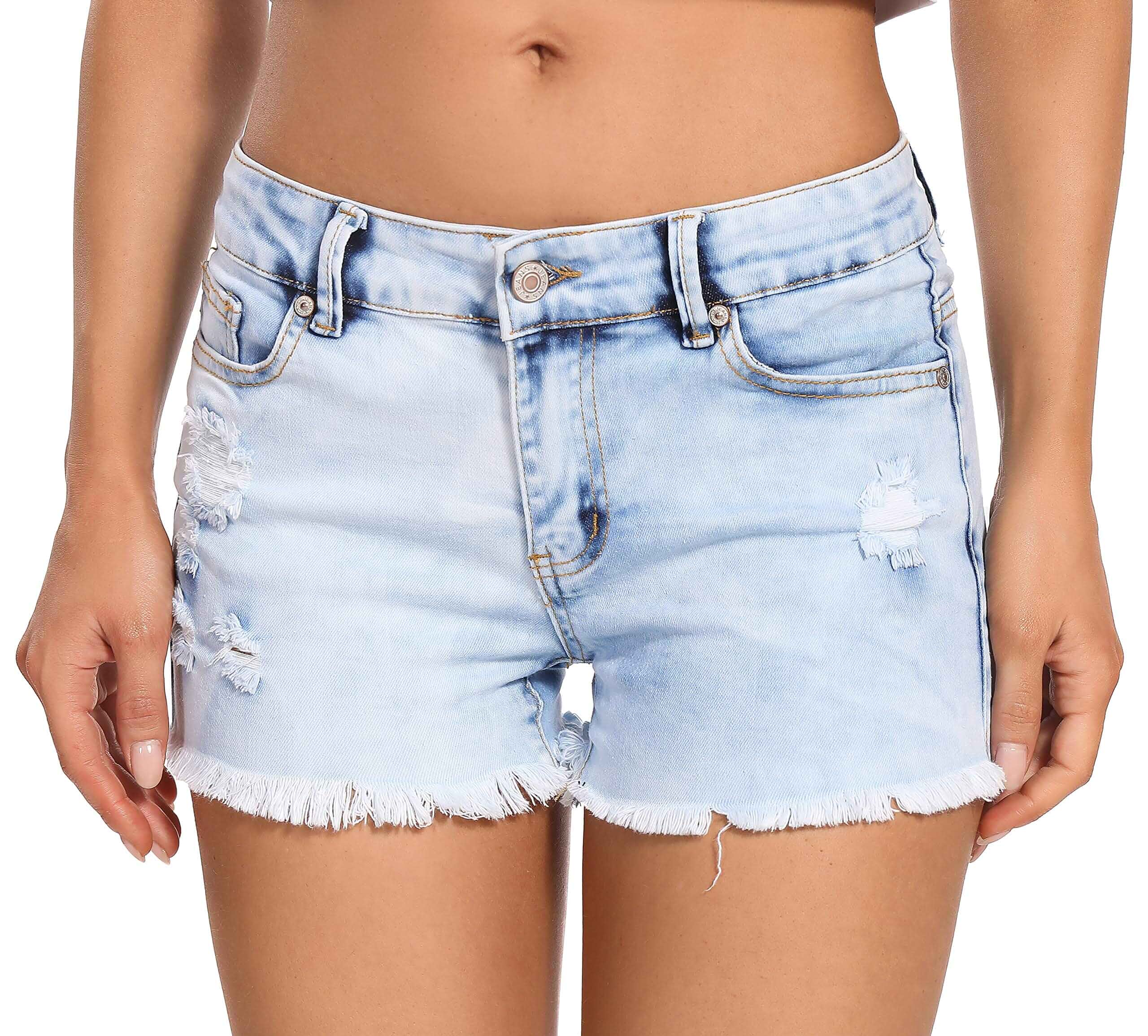 Foucome Womens Low Rise Jean Shorts Ripped Denim Shorts Frayed Raw Hem, Classic Five Pockets, Stretchy, Distressed Cutoff Jean Shorts for Women, Summer Casual