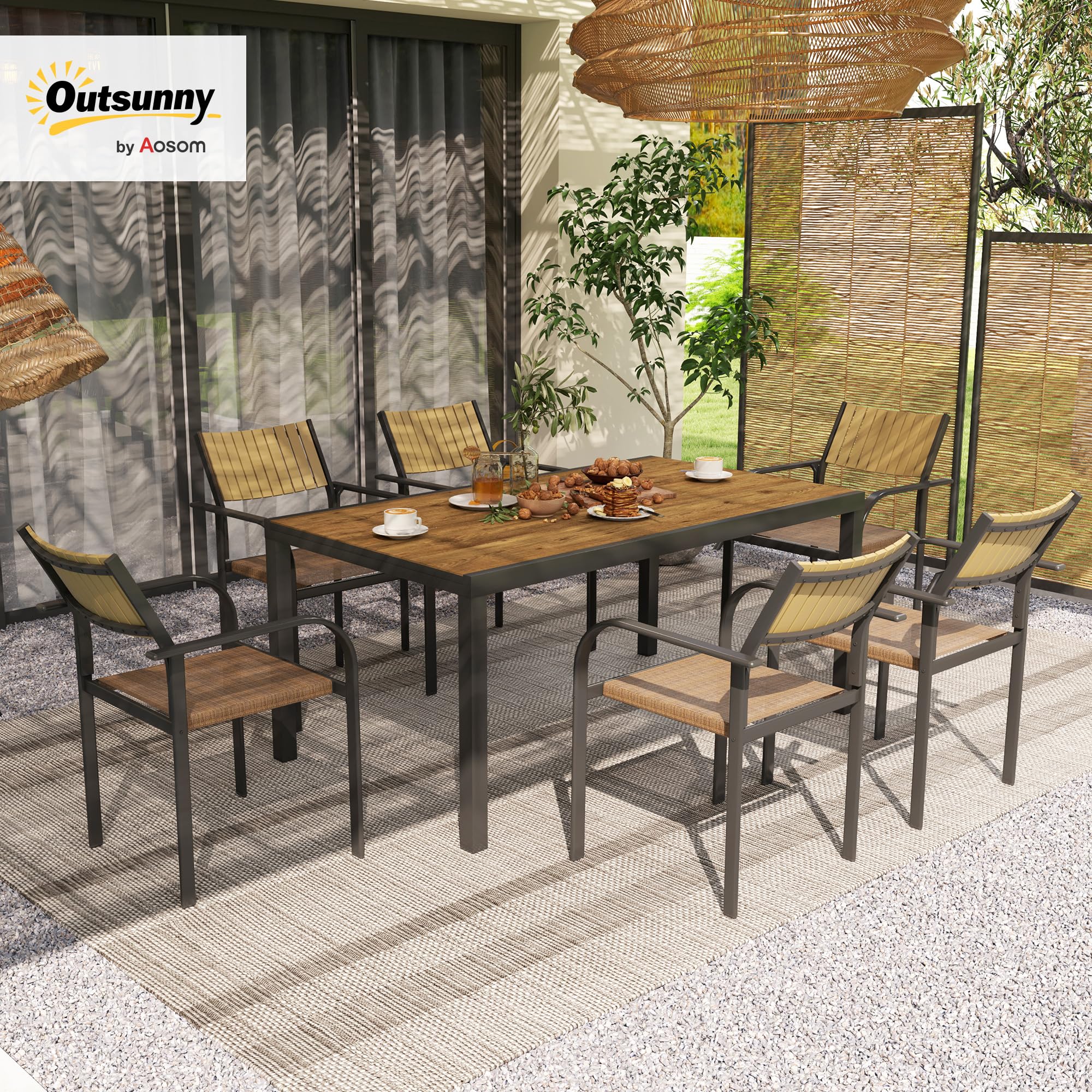 Outsunny Set Tavolo da Giardino Allungabile 7 Pezzi con Sedie Impilabili, Acciaio e Textilene, Marrone