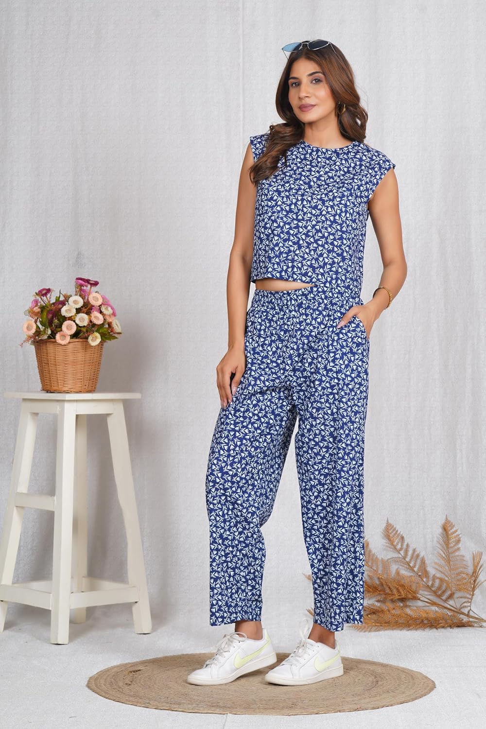Women's Elegant Blue Floral Cotton Co-ord Set - Sleeveless Top and Comfortable Pajama with Elastic Waistband and Side Pockets, Perfect