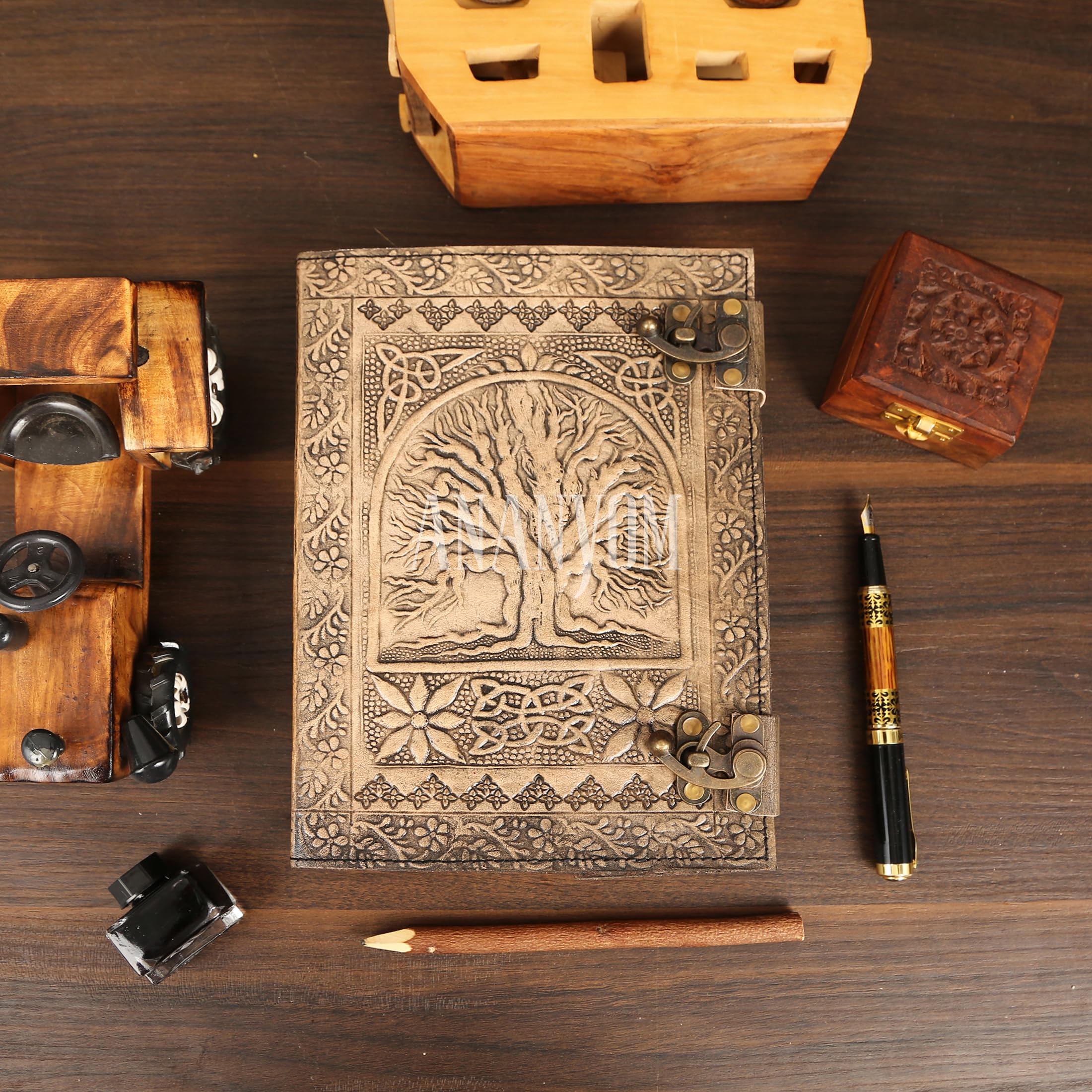 Tree Of Life Leather Journal | Embossed Handmade Sketchbook With Brass Lock - View #11