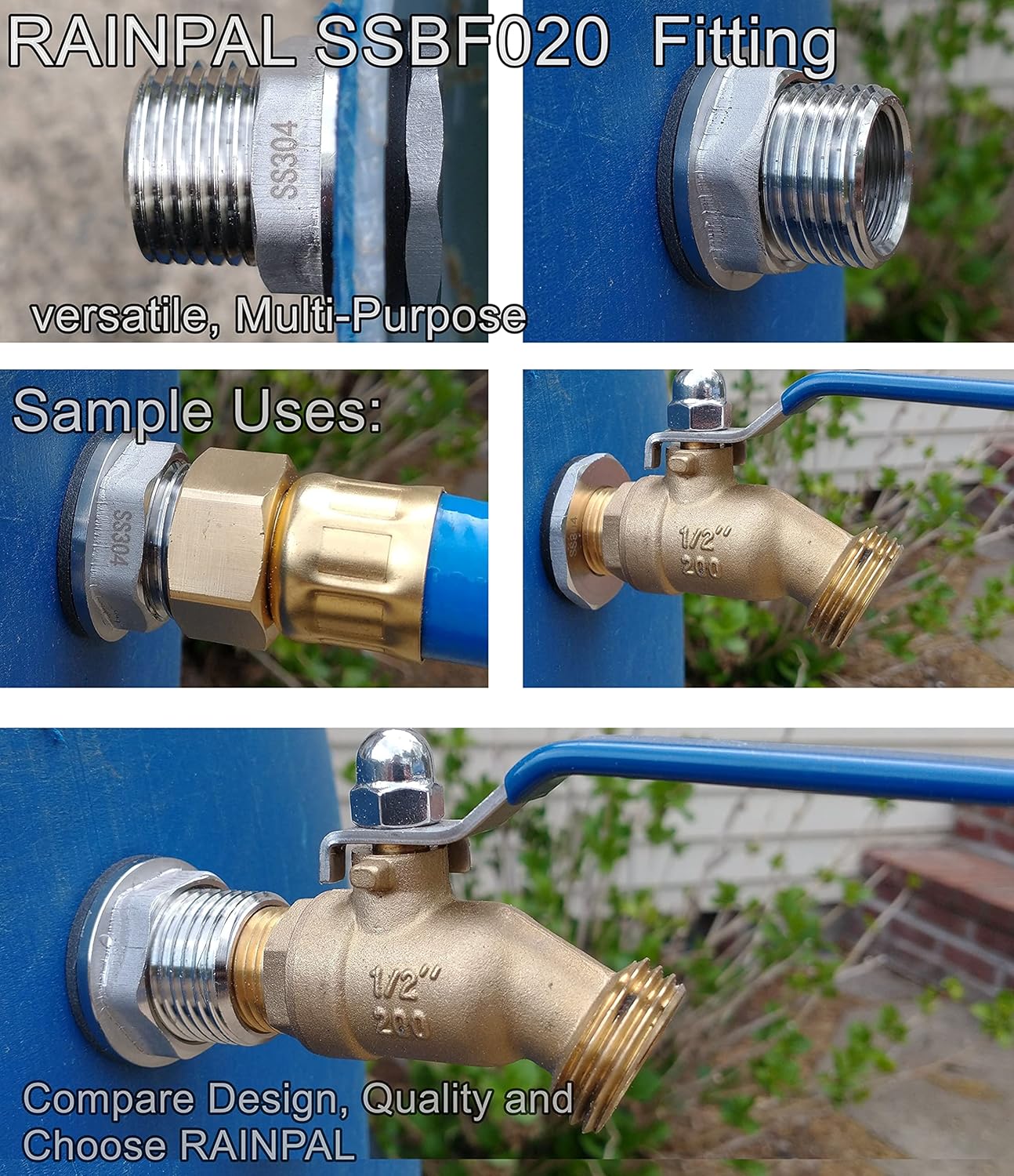 SSBF020 Stainless Steel 304 Bulkhead Tank Fitting (Double Female 1/2” NPT and Male 3/4" NH Garden Hose Threaded, w/Step gasket) (6)