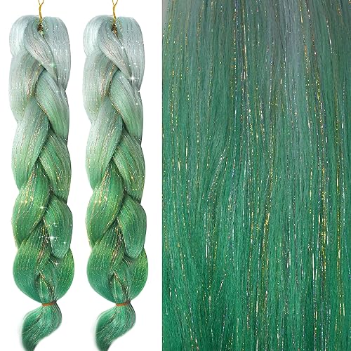 2 extensiones de cabello para trenzas, cabello trenzado ombré, extensión de cabello de oropel brillante, cabello trenzado de 24 pulgadas,