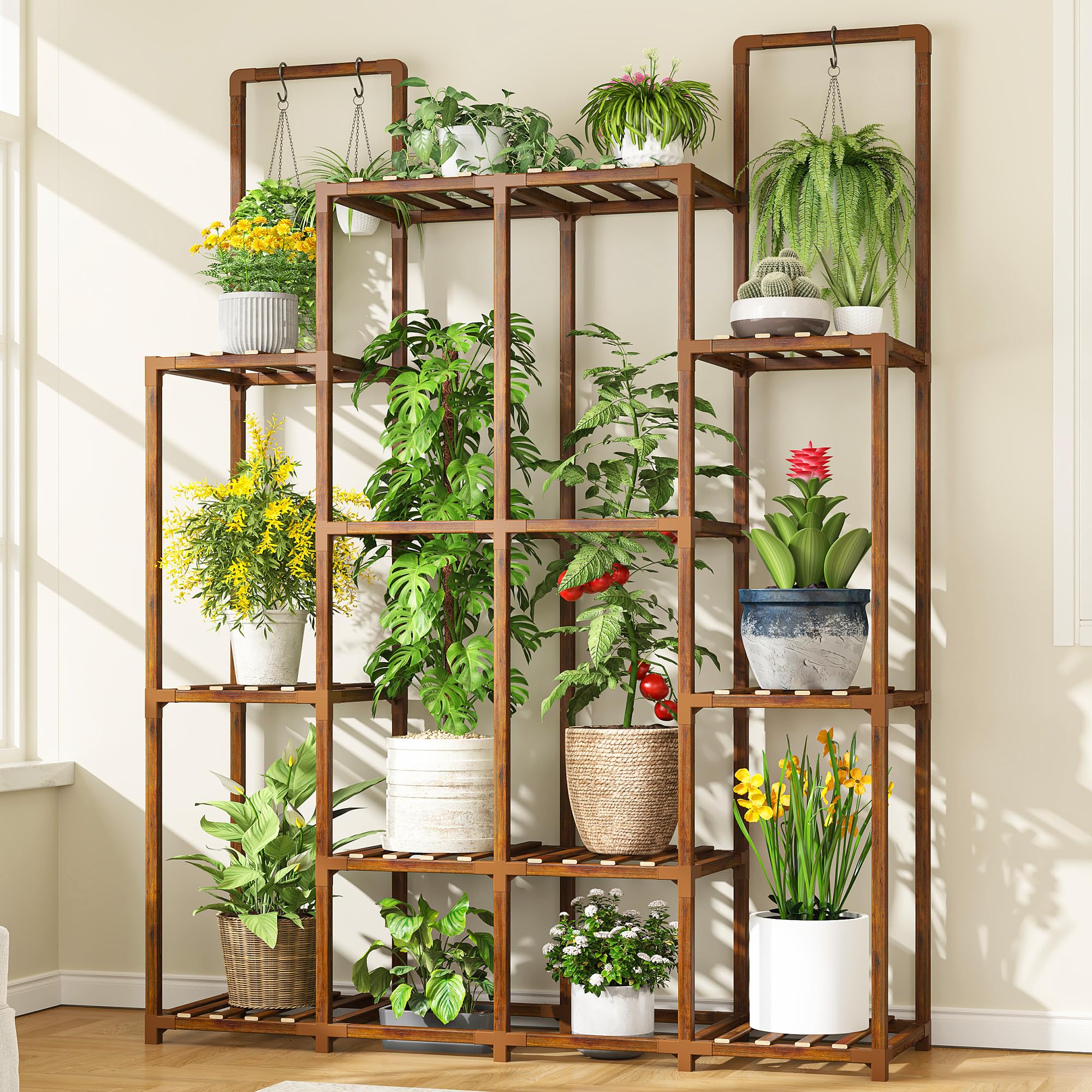 EnHomee Plant Stand Indoor Wood Plant Stand Outdoor Plant Shelf with 14-18 Potted Double Rod Large Plants Holder 440LBS Plants Shelves for Living Room