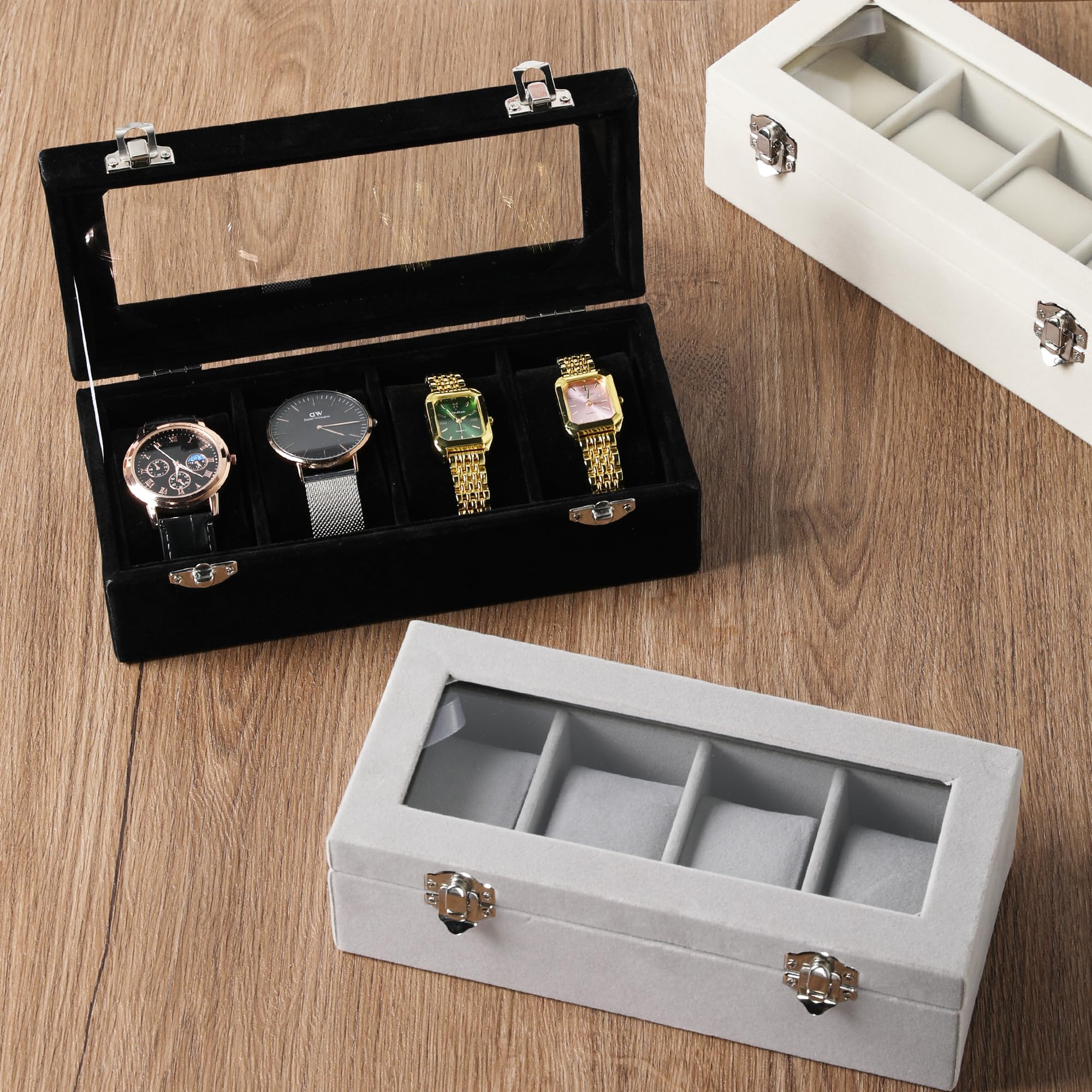 Frebeauty Caja de Reloj de 4 Ranuras con Tapa de Cristal, Organizadora de Terciopelo para Hombres y Mujeres, Almacenamiento con Cerradura, Estuche de Exhibición