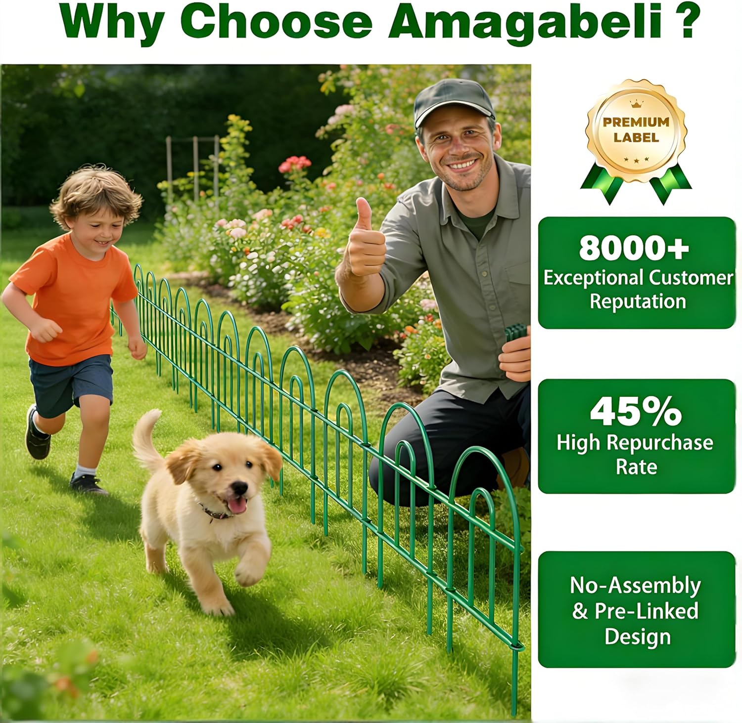 AMAGABELI 35 Panels 18in(H)×50ft(L) Decorative Garden Fence No Dig Rustproof Metal Pre-Linking Fence Panels Garden Edging Border Animal Barrier Fencing for Flower Beds Yard Patio Outdoor Decor Green