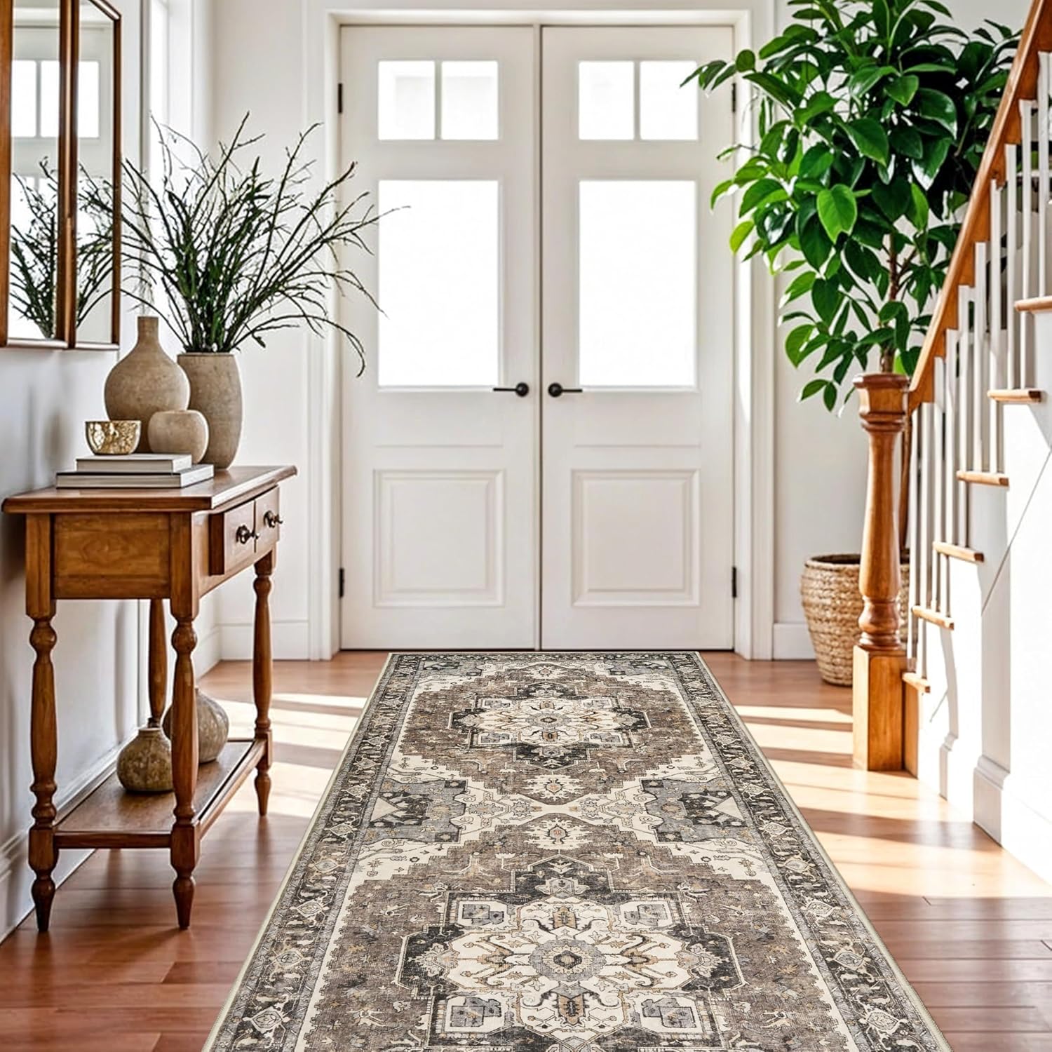 ruugme washable 4x10 runner rug - hallway ultra-thin soft rugs wide vintage stain resistant carpet with non-slip rubber backing low pile indoor floor mat for kitchen living room bedroom (beige,4x10) 4x10 beige