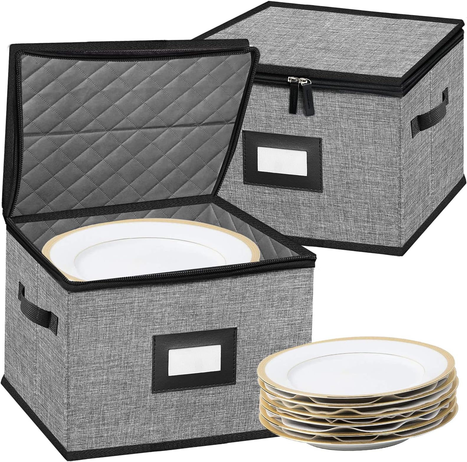 China Storage Containers-Quilted Dish Storage Containers with Lid Hard Shell for Moving Transport, Dinnerware Storage,Stackable Plate Storage,24 Felt Plate Dividers Included,2PACK 12*12*8in