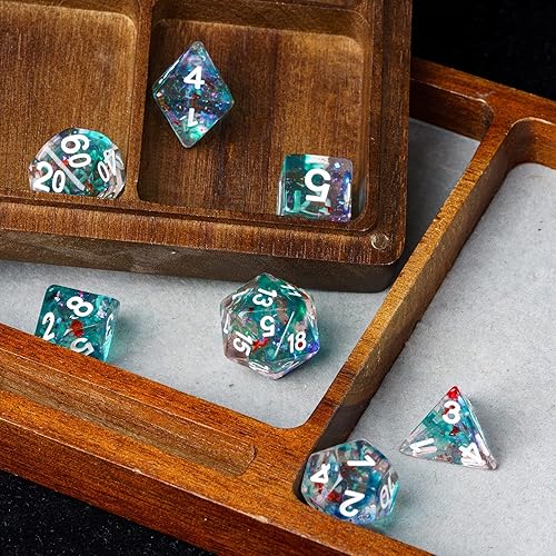 Miniatura 6 de Juego de dados DND de resina, 7 piezas de dados poliédricos de papel de aluminio con purpurina para juegos de rol de Calabozos y Dragones y juegos