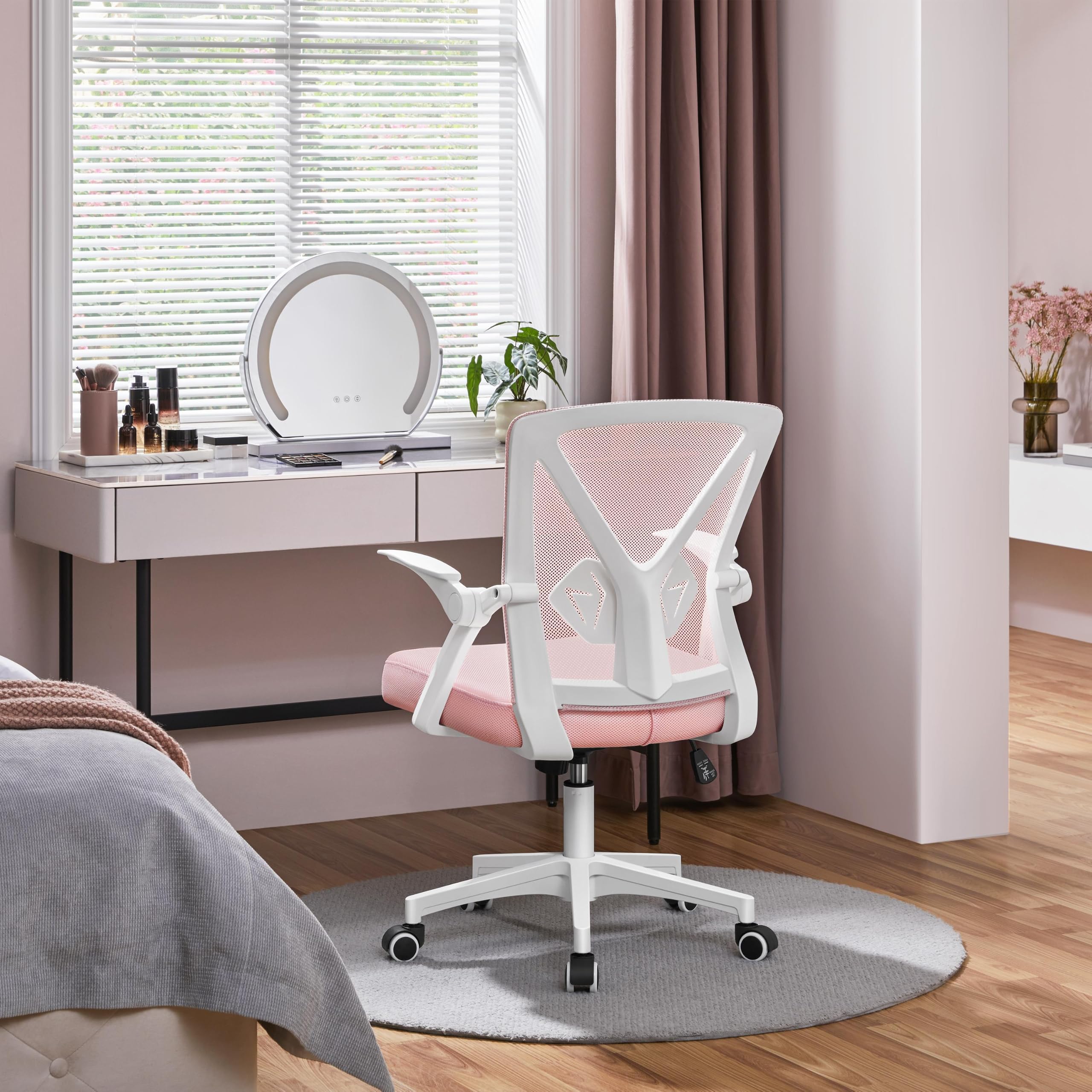 Sedia Ufficio Scrivania Ergonomica con Supporto Lombare Rosa | Altezza Regolabile, Braccioli Ribaltabilie, Ruote Girevole, Traspirante, Schienale Reclinabile, Funzione Dondolo, Camera