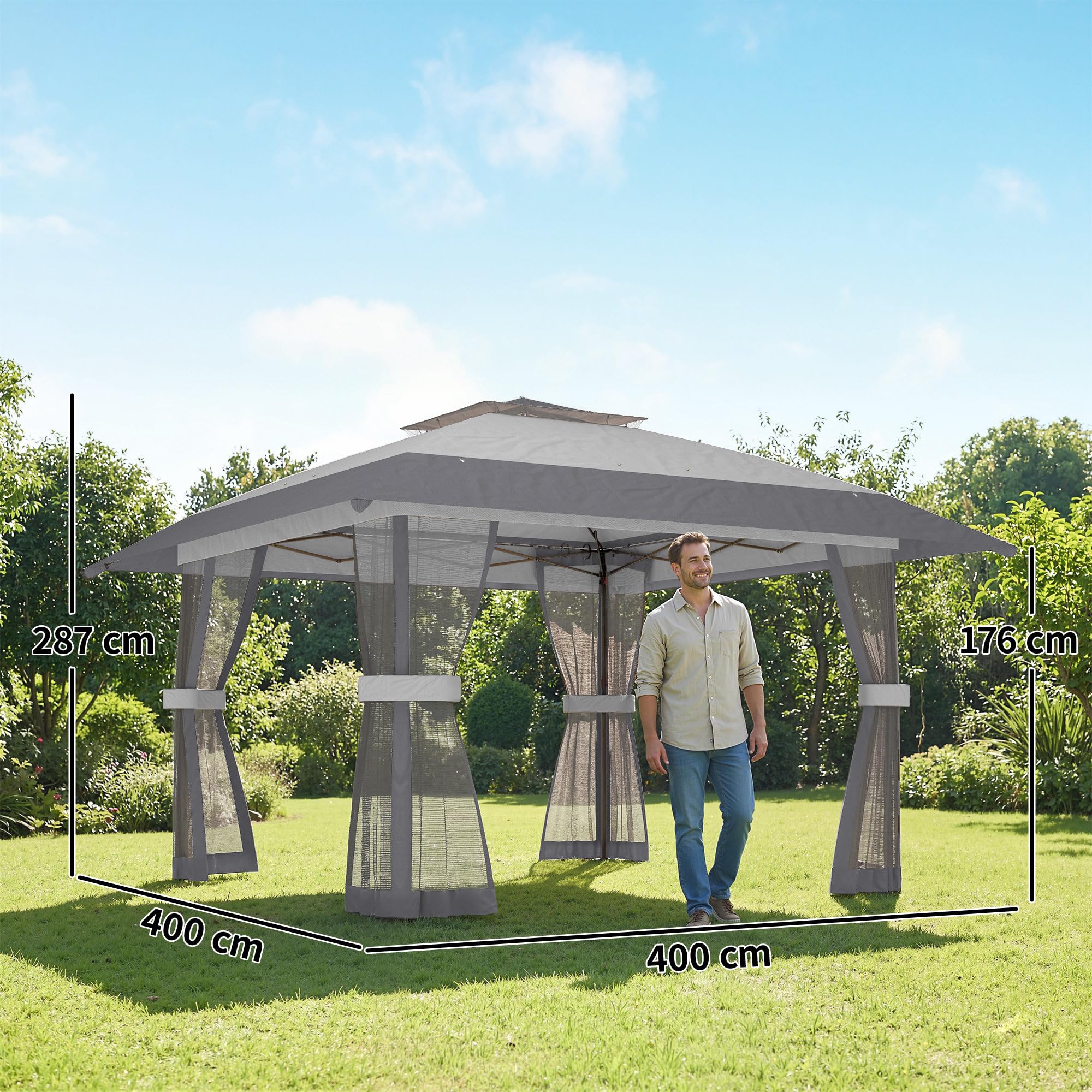 Outsunny Carpa Plegable 4x4 m, Pop-up, con Doble Techo, 4 Paredes Laterales de Malla, Cenador de Jardín con Altura Ajustable 3 Niveles, Bolsa de Transporte, UPF30+, Gazebo para Camping, Fiestas, Gris