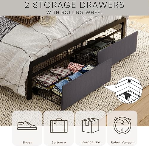 Miniatura 7 de HAUSHECK Base de cama Queen con cabecera de almacenamiento, dos cajones, luces LED y estación de carga, marco de cama LED sin ruido, tamaño Queen