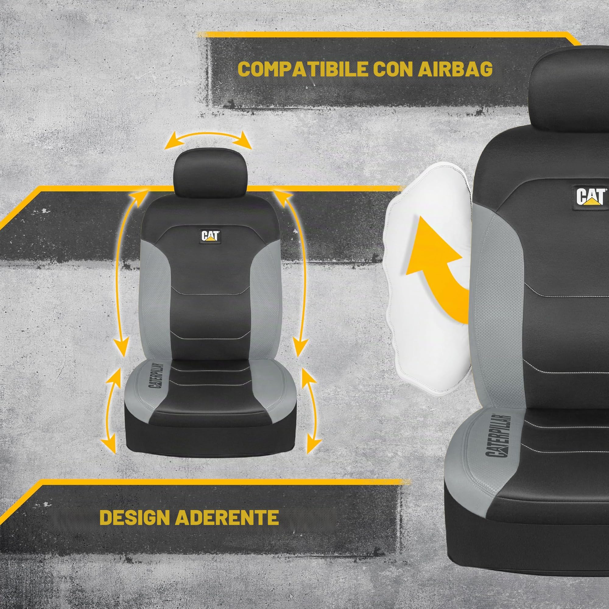 CA&T CAT erpillar Flexfit Coprisedili per auto, camion e SUV (set da 2) – Coprisedili neri per sedili anteriori, protezione per sedili con bordo grigio a nido d'ape, coperture interne auto