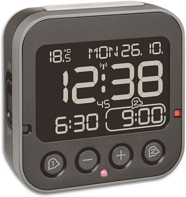TFA Dostmann Bingo 2.0 Digital Alarm 60.2552.01 High Accuracy Radio Controlled Clock Temperature Display Date L 95 x W 41 x H 96 mm, White Numbers, B