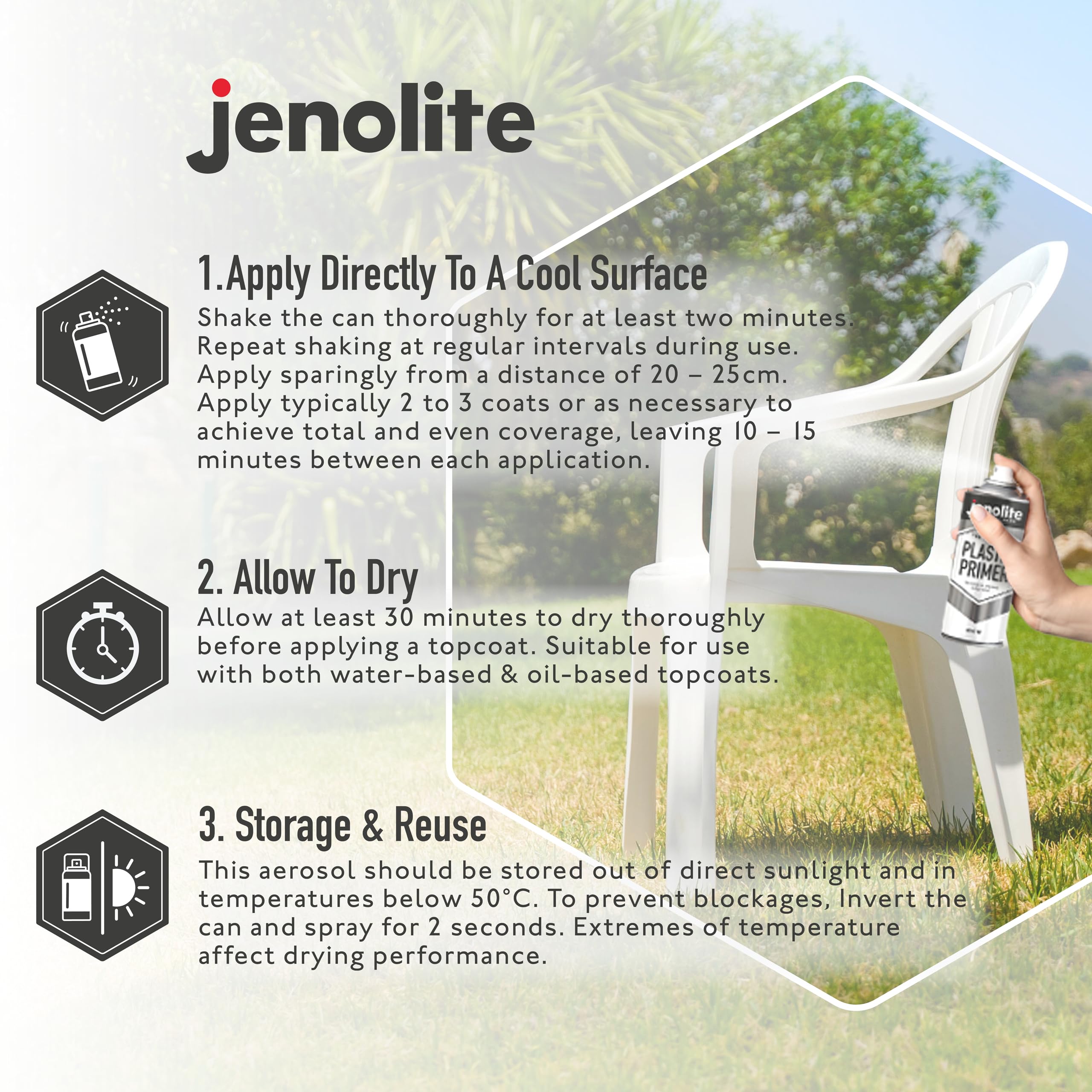 JENOLITE Primer Spray per Plastica Bianco - Alta Qualità, Favorisce l'Adesione - Per Automobili, Mobili da Giardino, Modelli e Altre Materie Plastiche Dure (confezione da 3)