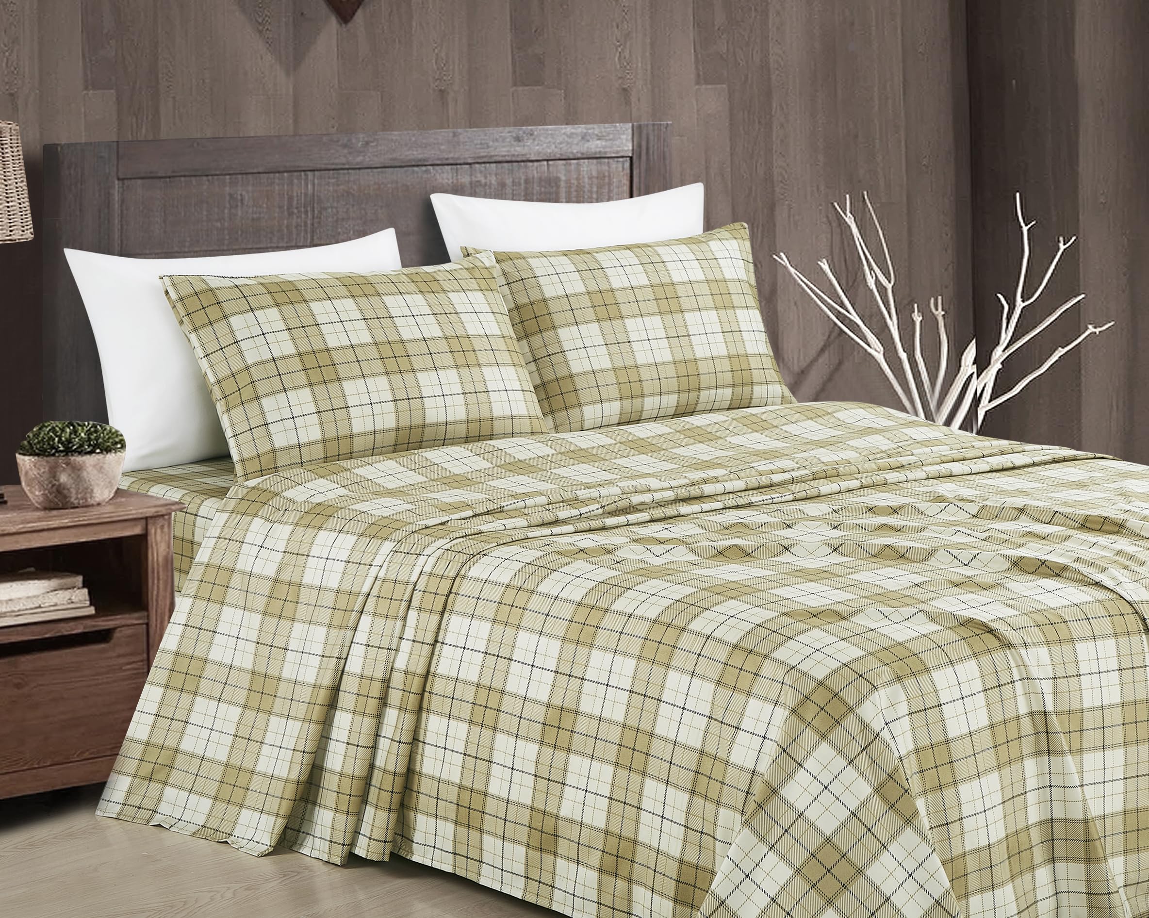 Chezmoi Collection 4-Piece Lodge Plaid Sheet Set Queen Size - Tan Beige Blue Plaid Stripe Printed Brushed Microfiber