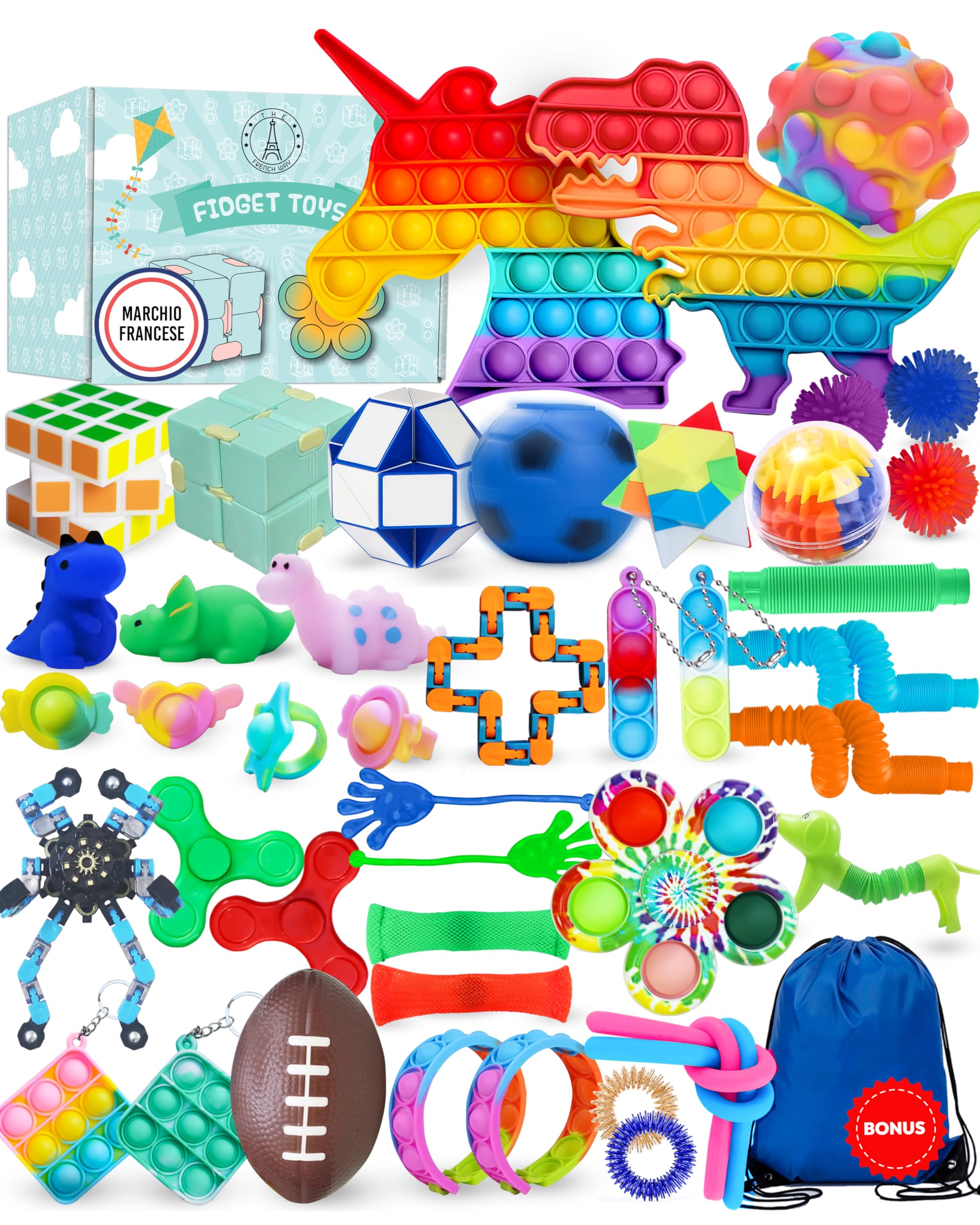 French Way Fidget Toys – Giocattoli Antistress per Adulti e Bambini – Giochi Sensoriali da Scrivania per Alleviare lo Stress e l'Ansia – Box Ideale come Regali di Feste, Gadget Compleanno e Premi