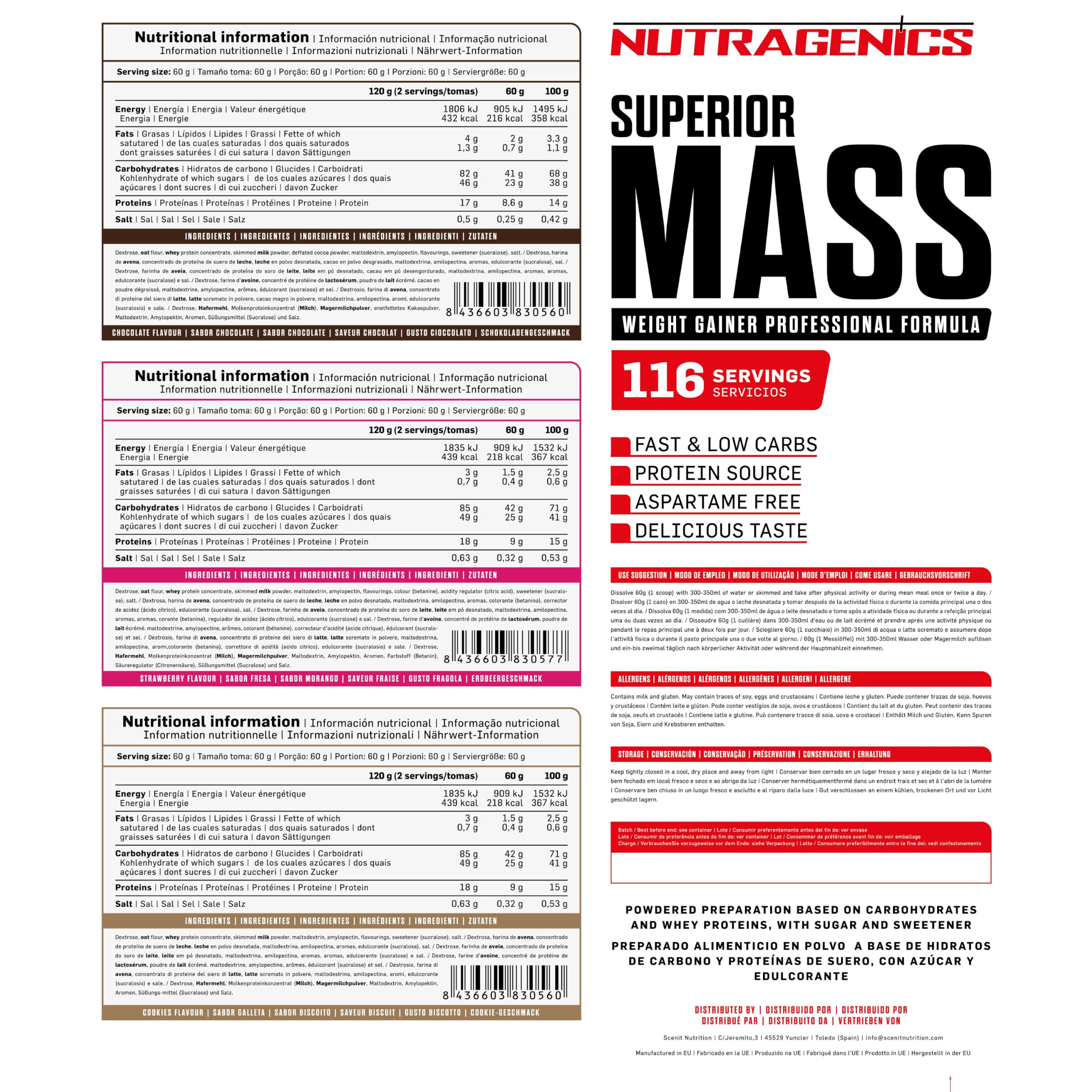 Mass Gainer - Nutragenics Superior Mass - 7 kg - Gainer prise de masse - Gainer prise de poid - Gainer mass - Proteine mass gainer - Whey gainer - Proteine gainer (Fraise)