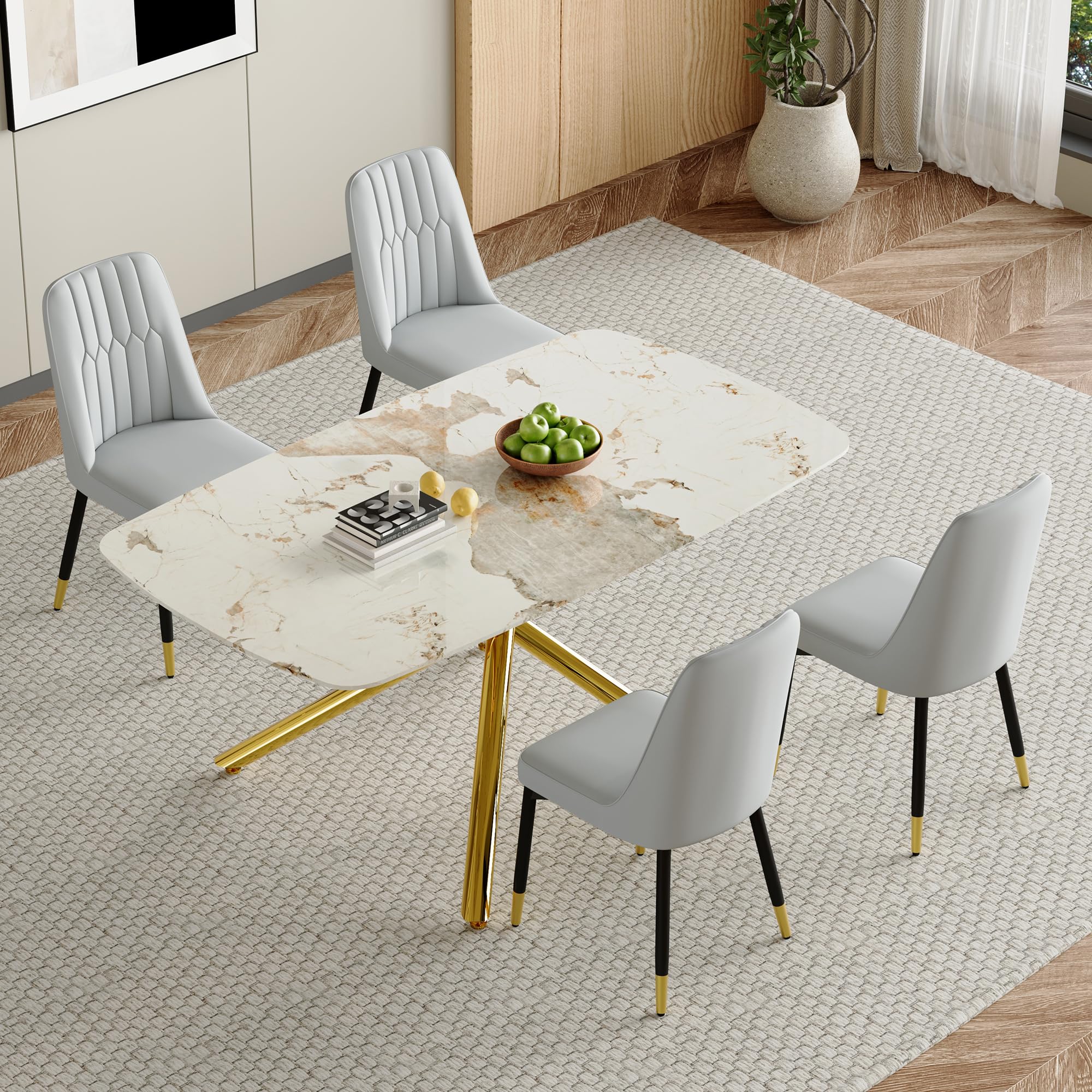 Svmdcu 63" Dining Table Set for 4,Modern 5 Piece Dining Table Set,Black Marble-Patterned Tempered Glass Kitchen Tabletop Gold Legs and 4 White PU