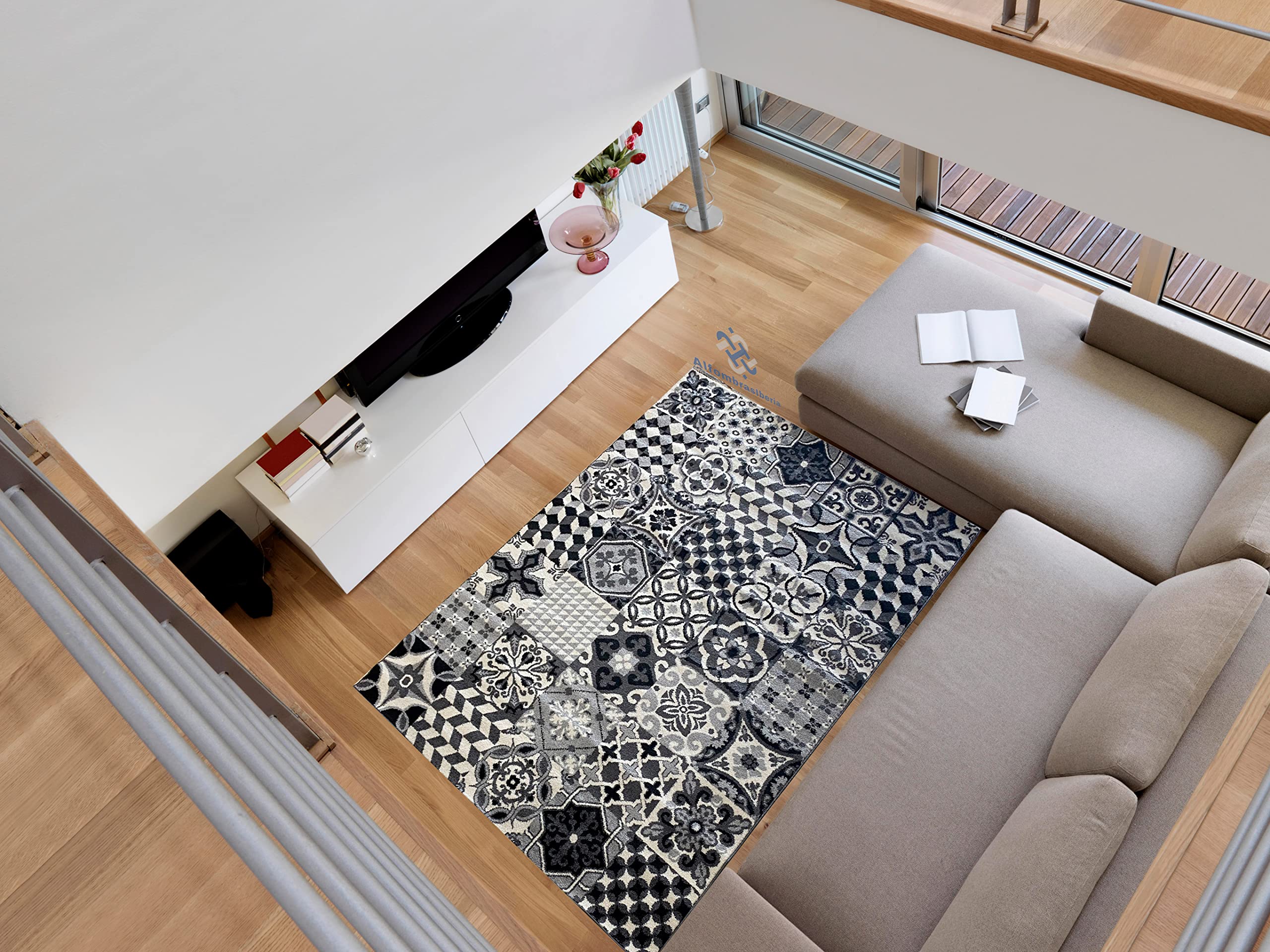ALFOMBRAS IBERIA Alfombra de Salon Moderna y Grande con diseño de Mosaico | De Pelo Corto y 100% Lavable | Ideal para Salón, Dormitorio, Sala, Comedor o Habitaciones Grandes | (160_x_230_cm, Negro)