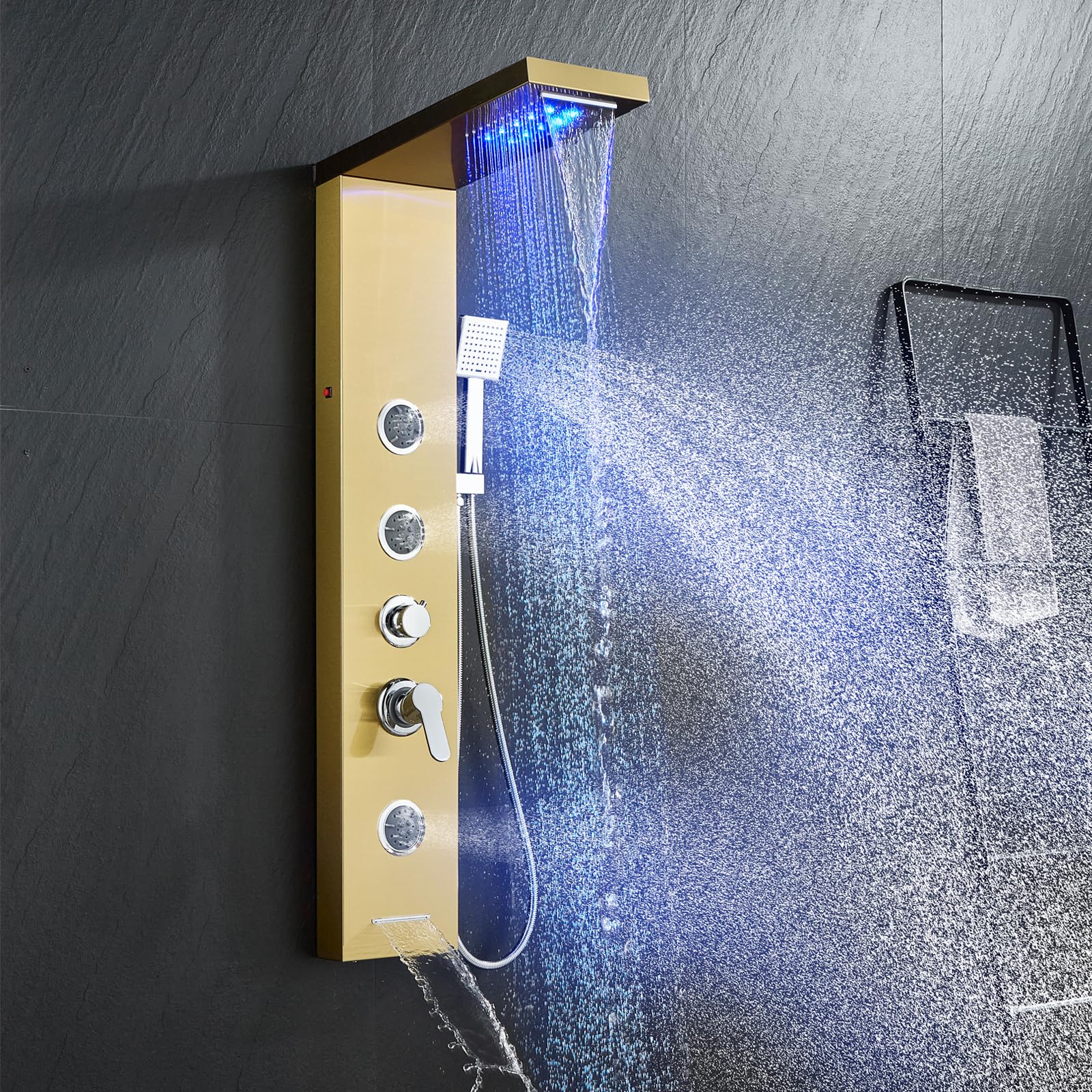 5-in-1 LED Shower Tower, Gold Stainless Steel Rainfall &amp; Waterfall