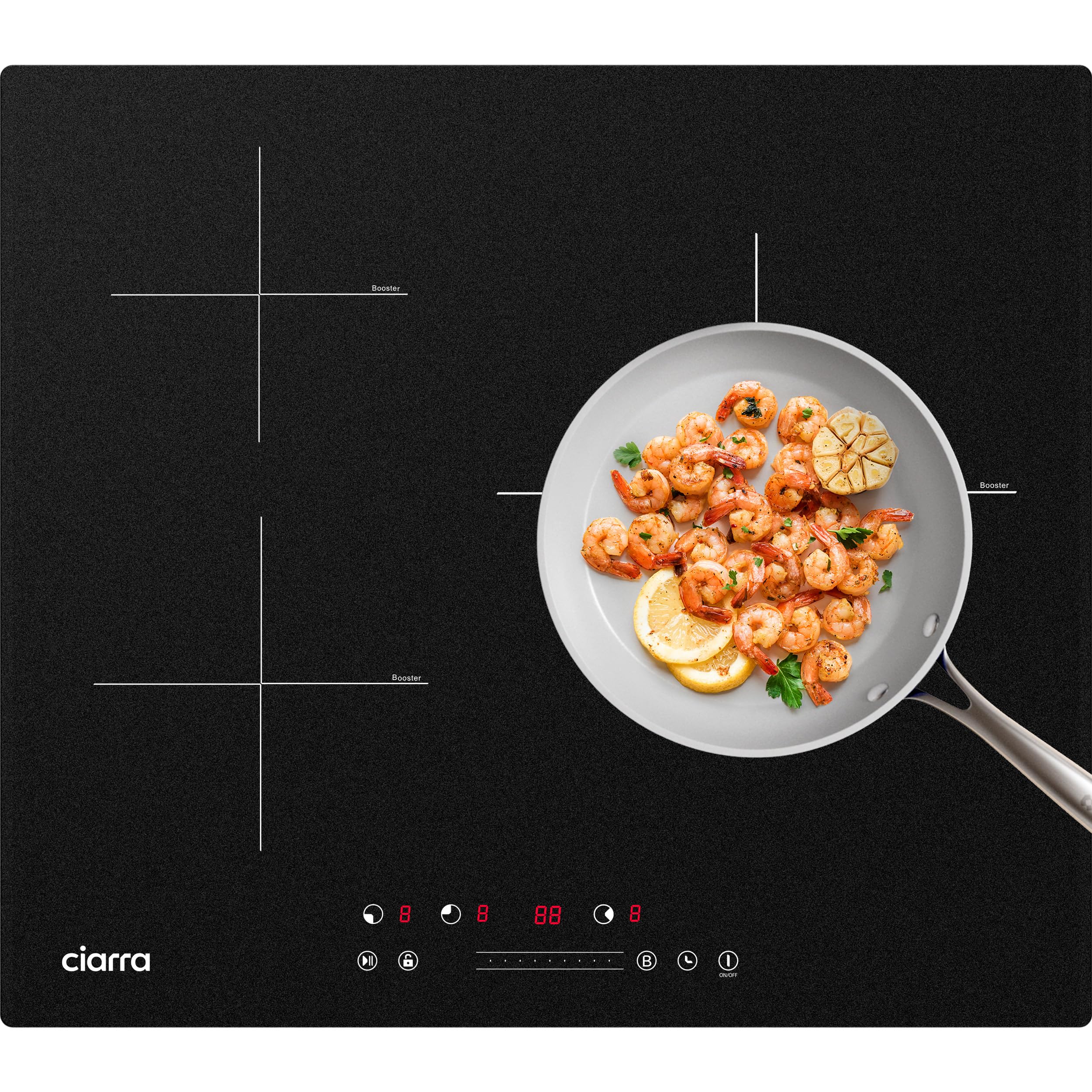 Ciarra Placa Induccion 3 Zonas 60cm Limitación de Potencia 2.8/3.6/6.6kW | Boost, Función Pausa, Bloqueo Infantil, Detector de Recipientes, Calor Residual, Apagado Automático