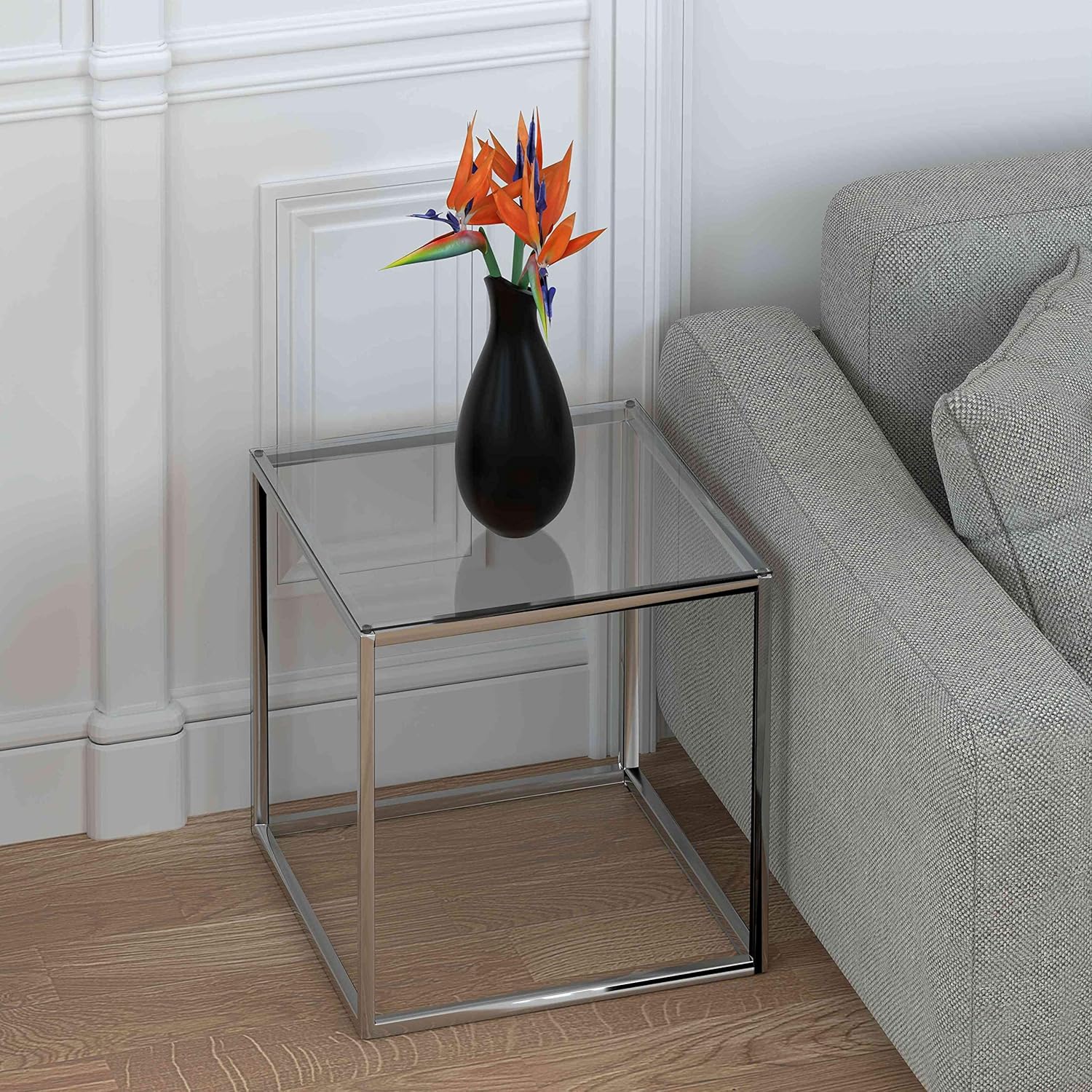 Cortesi Home Kent End Table, 22" Square, Silver Stainless Steel with Glass Top